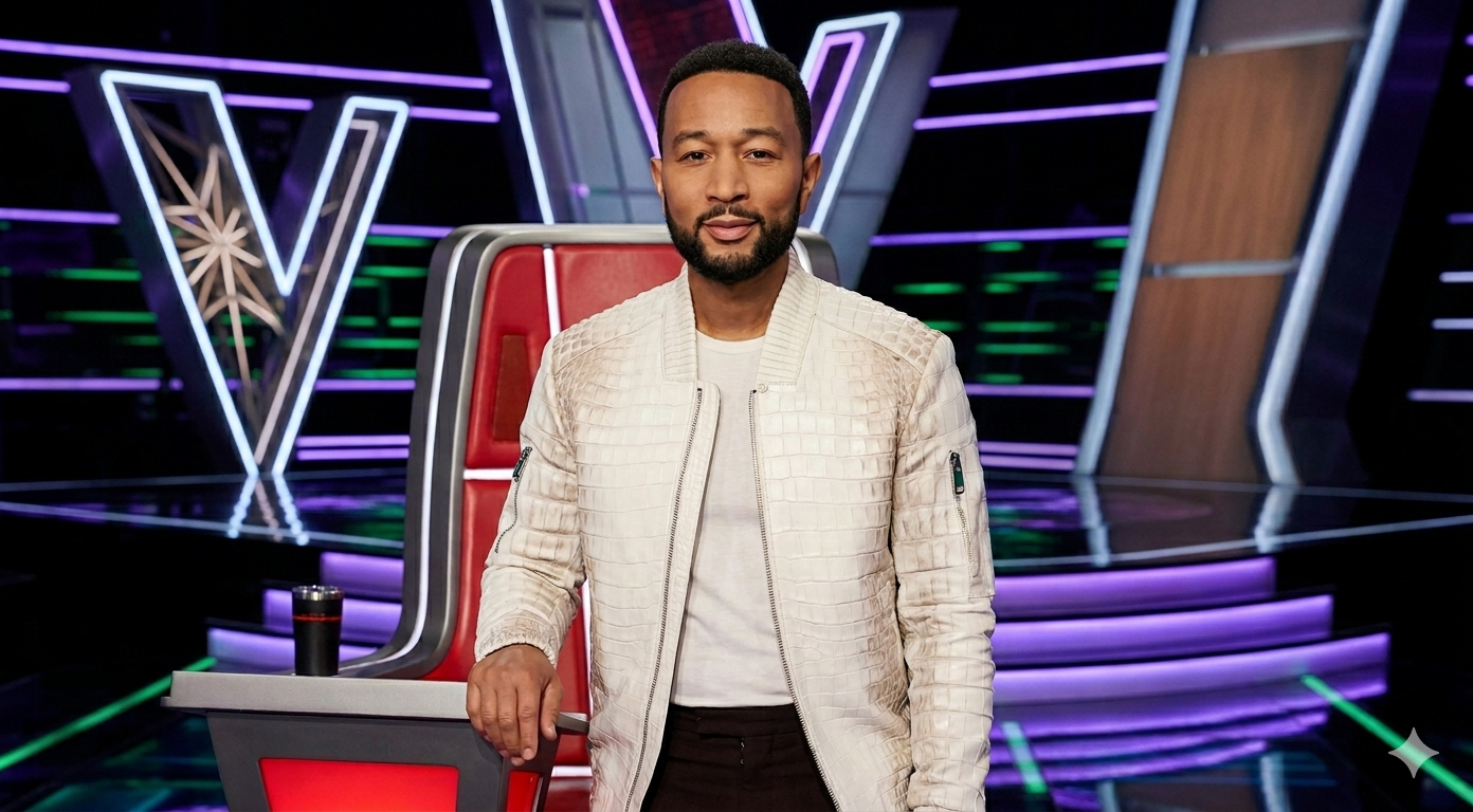 The Voice 2026 John Legend White Crocodile Leather Jacket with Chrome Zipper