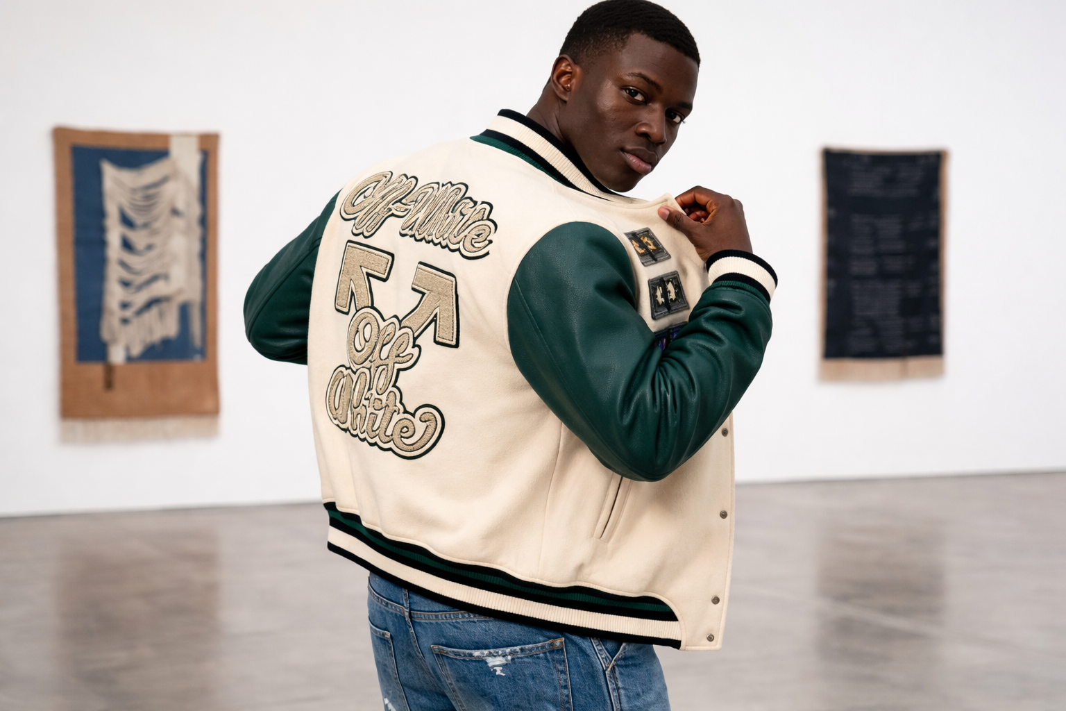 Off-White Cash Wool Reg Varsity Jacket White Blue with Chest Embroidery and Money Graphic