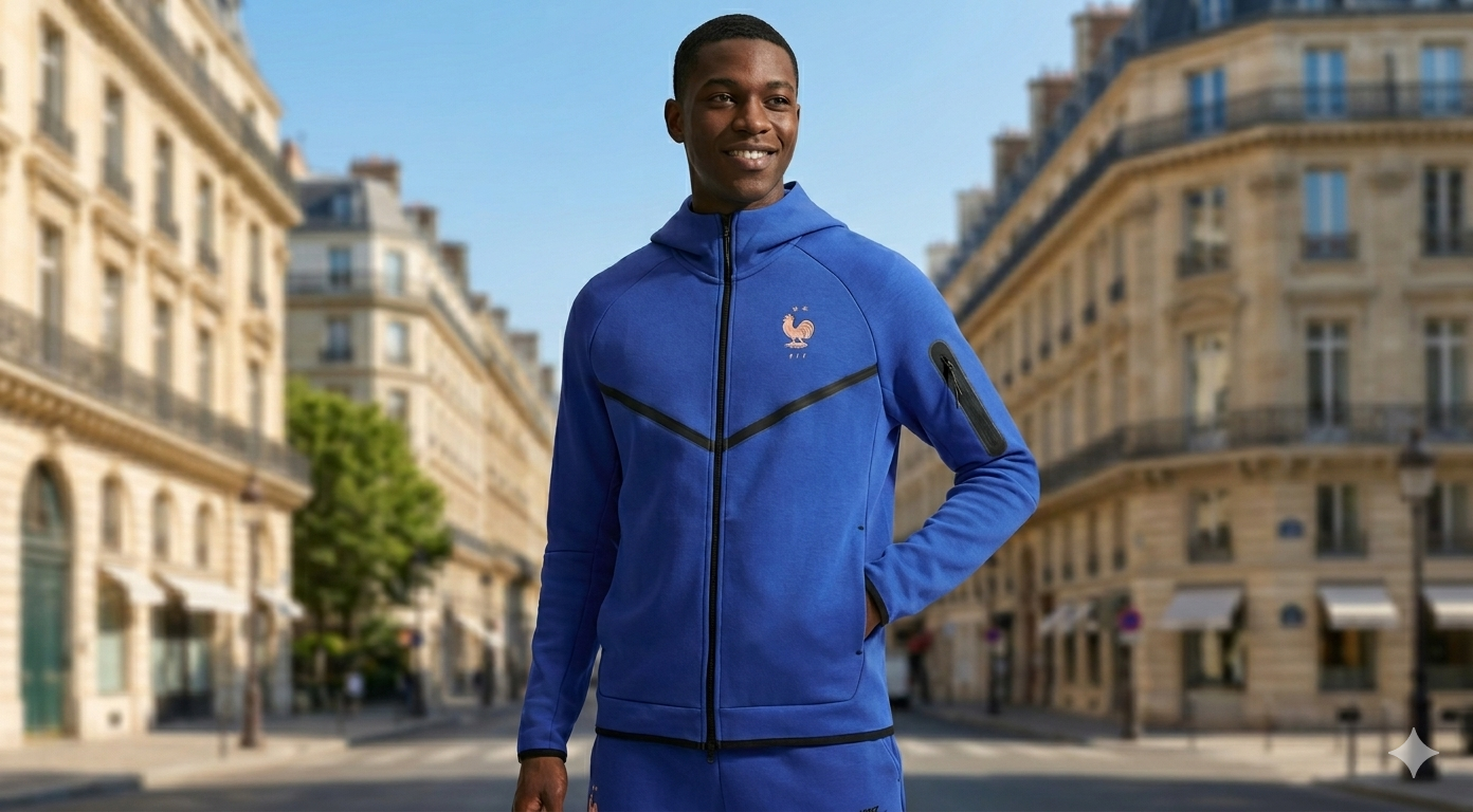 France 2026 Tech Fleece Windrunner Royal Blue Hoodie with Metallic Gold Crest and Black Chevron Taping
