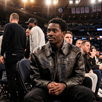 Damson Idris Lakers leather jacket courtside style in dark brown or black, cropped boxy fit with Western chest pockets
