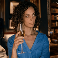 Lost Princess Melodie Casta cobalt blue linen button-up shirt styled by Hana Ikken