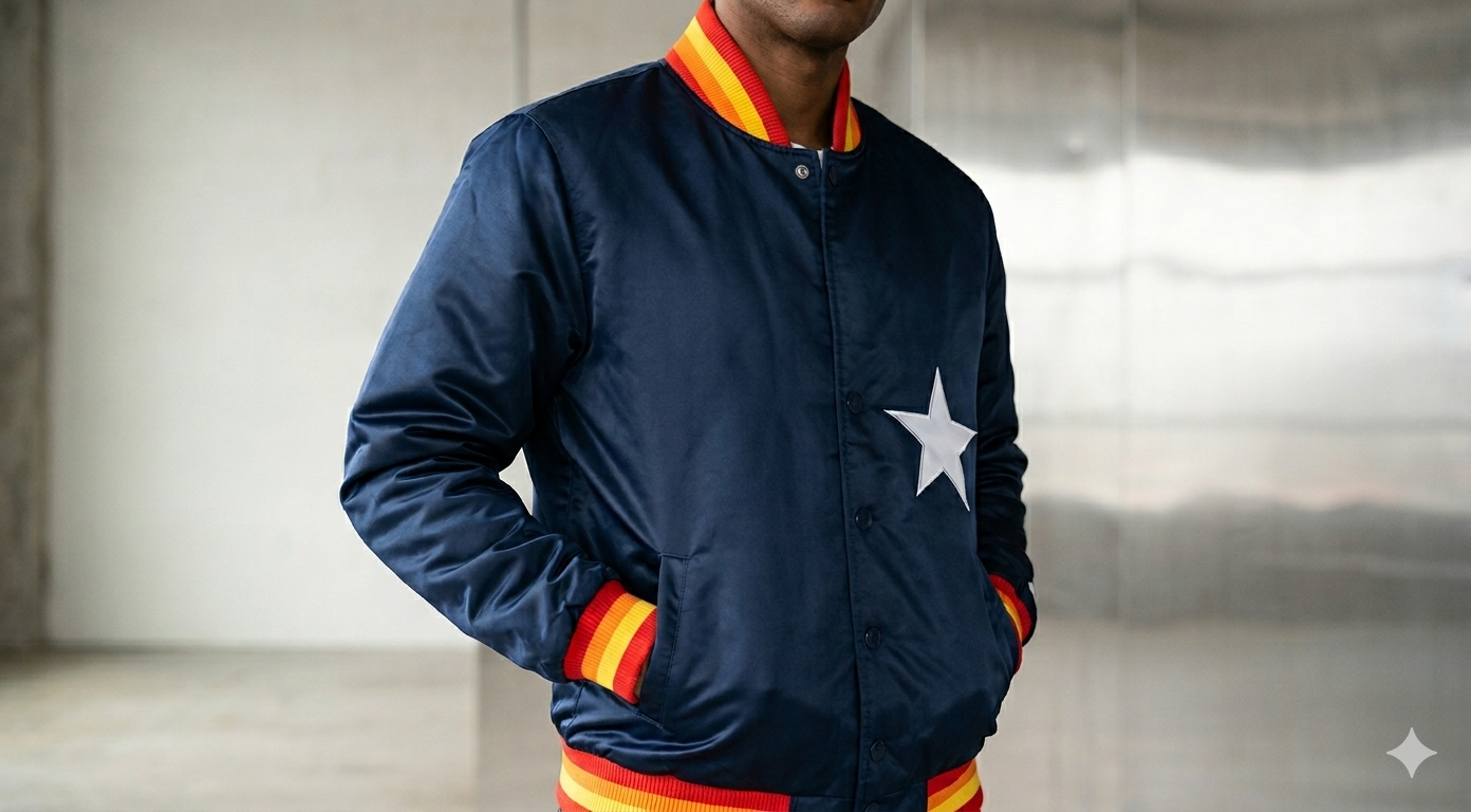 Houston Astros Homage X Starter navy blue satin varsity jacket with Astros chest logo and multicolor striped ribbed trim
