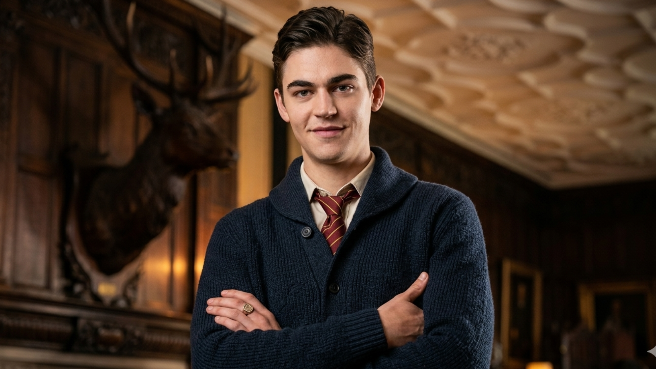 Hero Fiennes Tiffin Young Sherlock Black Cardigan with Ribbed Shawl Collar and Patch Pockets