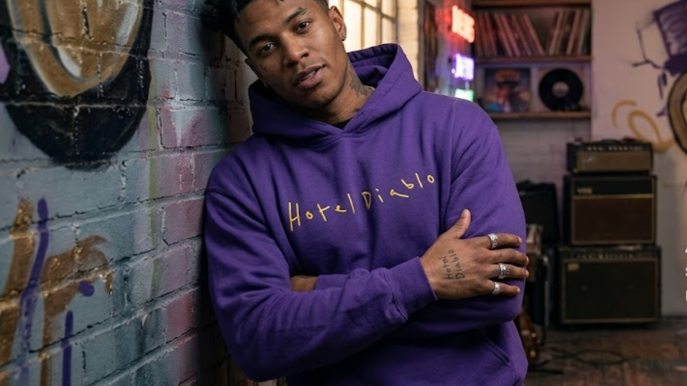 Machine Gun Kelly Hotel Diablo Anniversary Purple Hoodie with Gold Script & Graphic Back