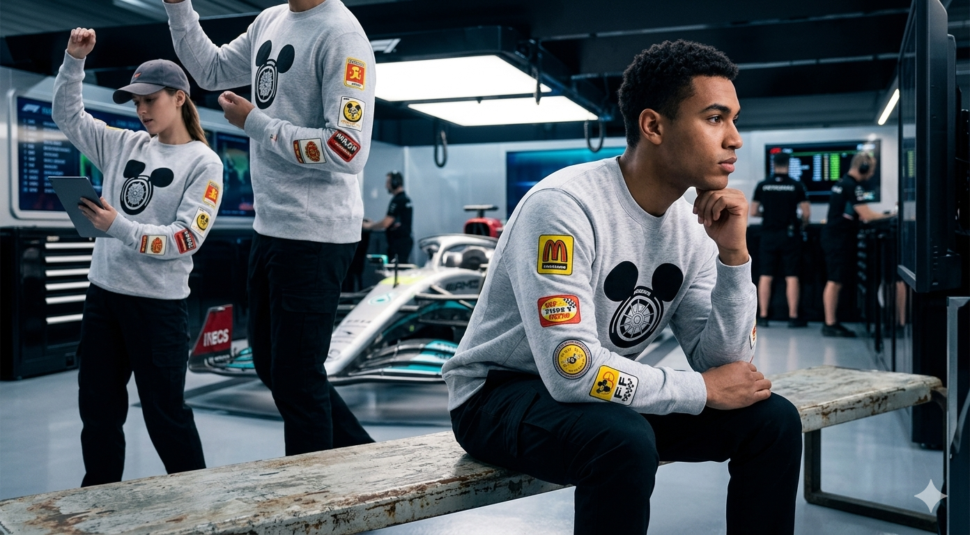 Disney x Formula 1 Mickey Mouse Grey Pullover Sweatshirt with Racing Tire Graphic
