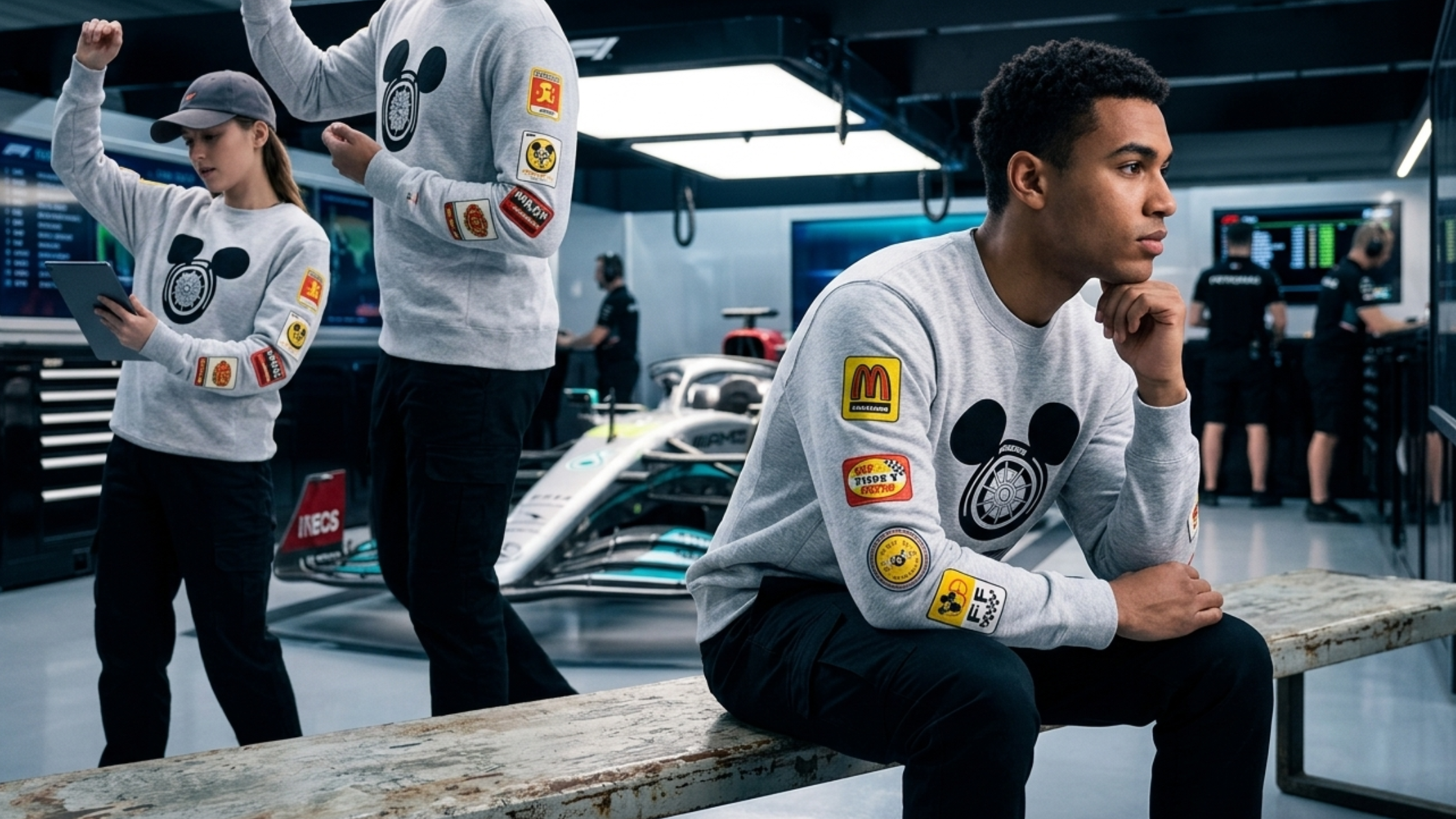 Disney x Formula 1 Mickey Mouse Grey Pullover Sweatshirt with Racing Tire Graphic