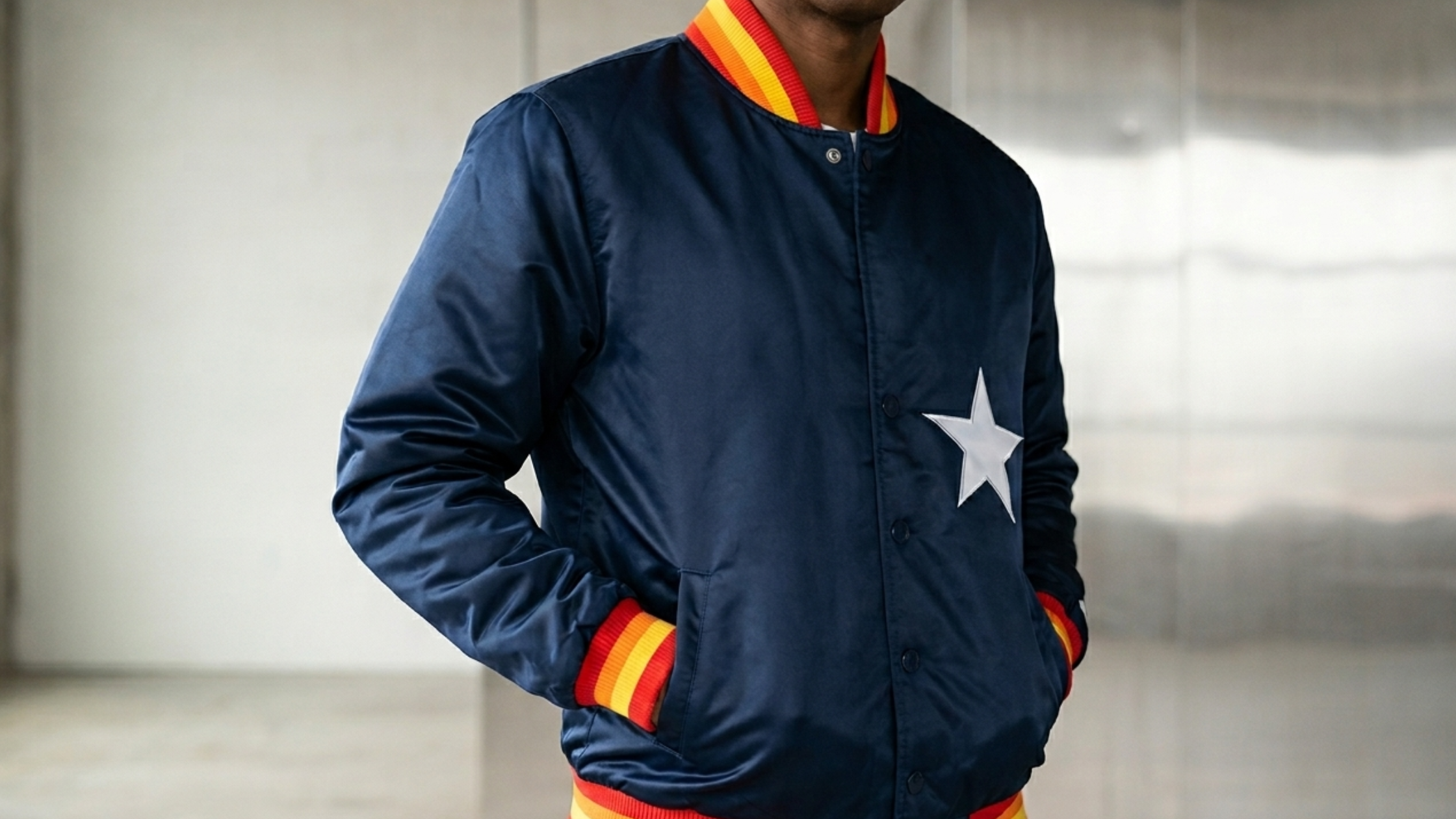 Houston Astros Homage X Starter navy blue satin varsity jacket with Astros chest logo and multicolor striped ribbed trim