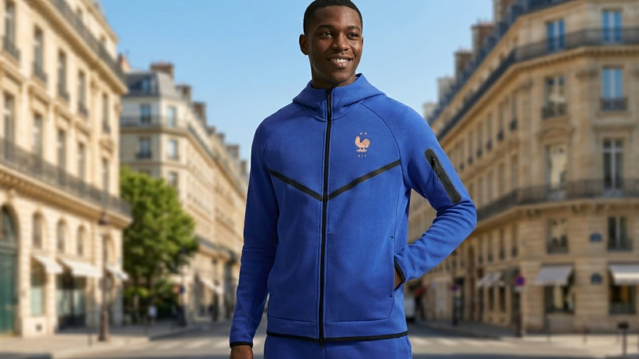 France 2026 Tech Fleece Windrunner Royal Blue Hoodie with Metallic Gold Crest and Black Chevron Taping