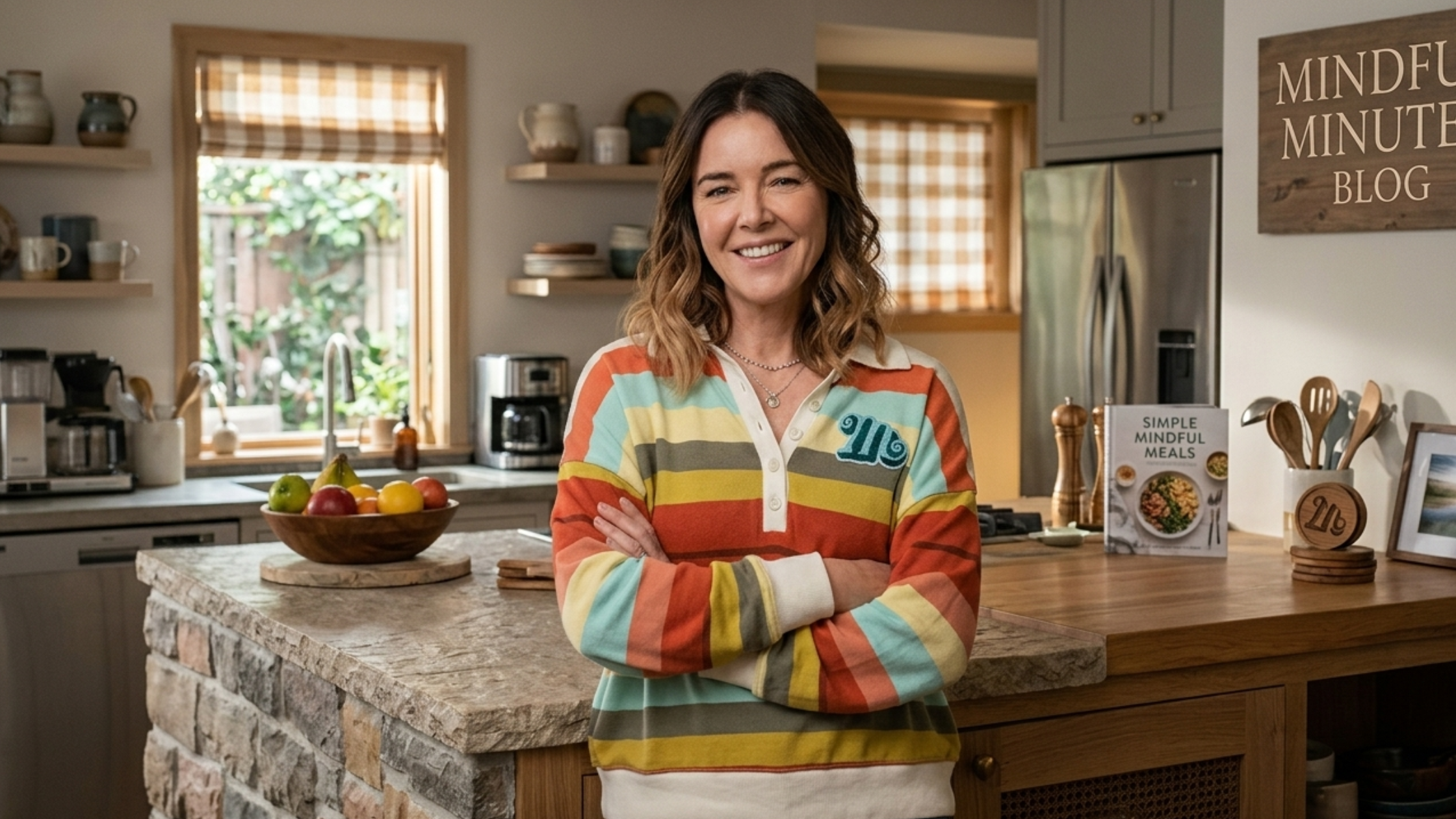 Shrinking Season 3 Christa Miller Rainbow Striped Polo Sweatshirt Cream Collar