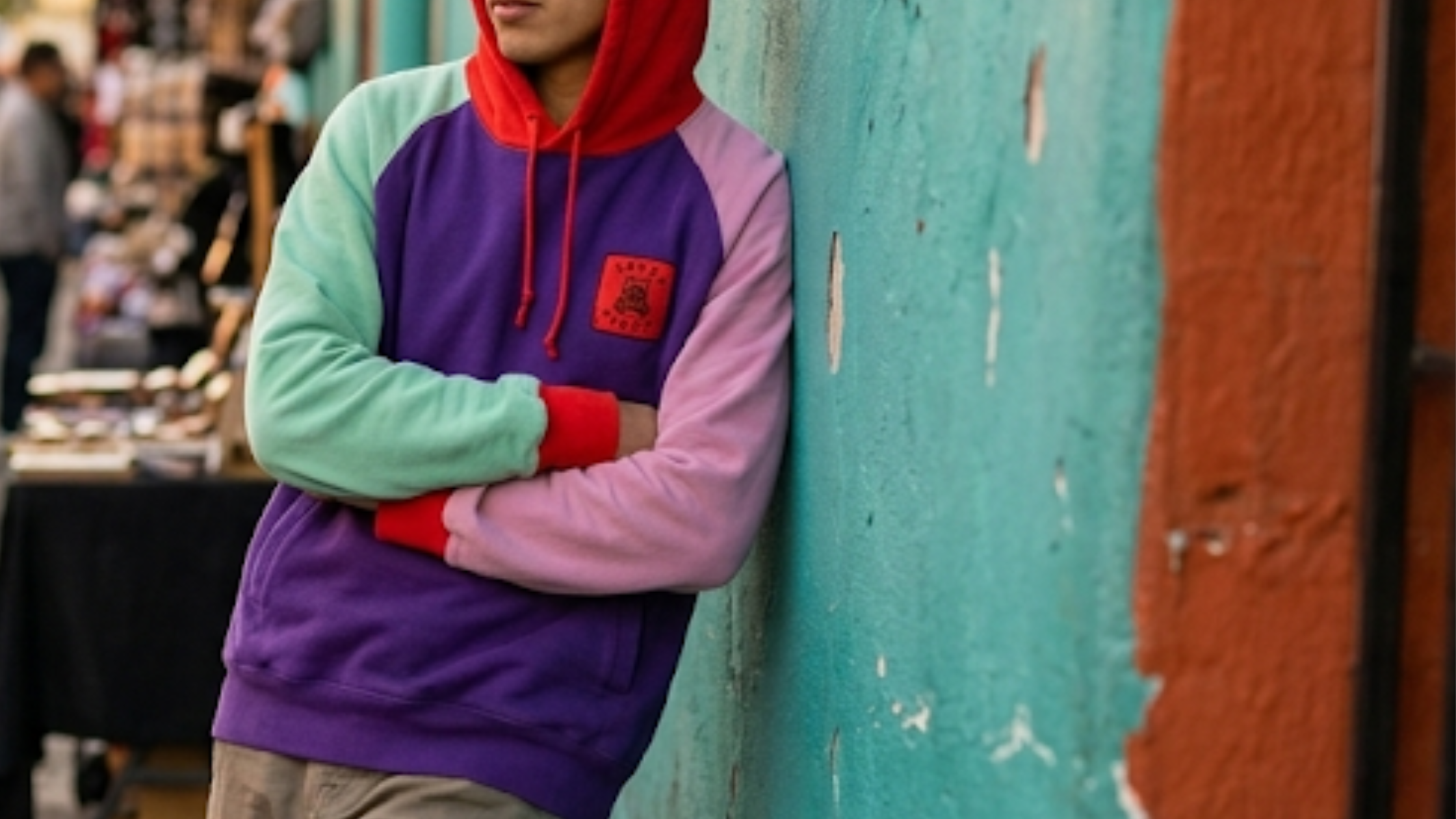 Teddy Fresh Color Block Hoodie Multicolor Pullover with Red Hood