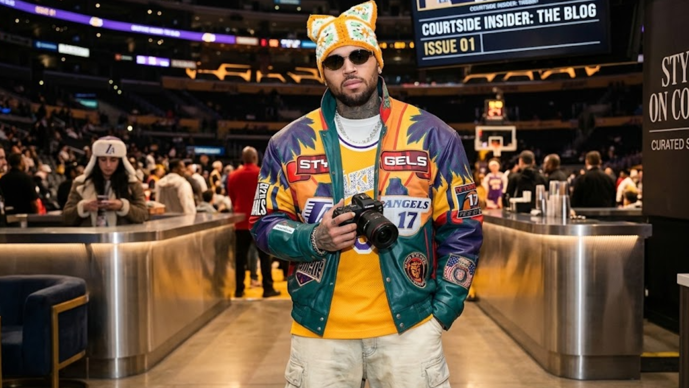 Chris Brown Los Angeles Lakers Game Leather Jacket 2025 Pop Art Sunset Design