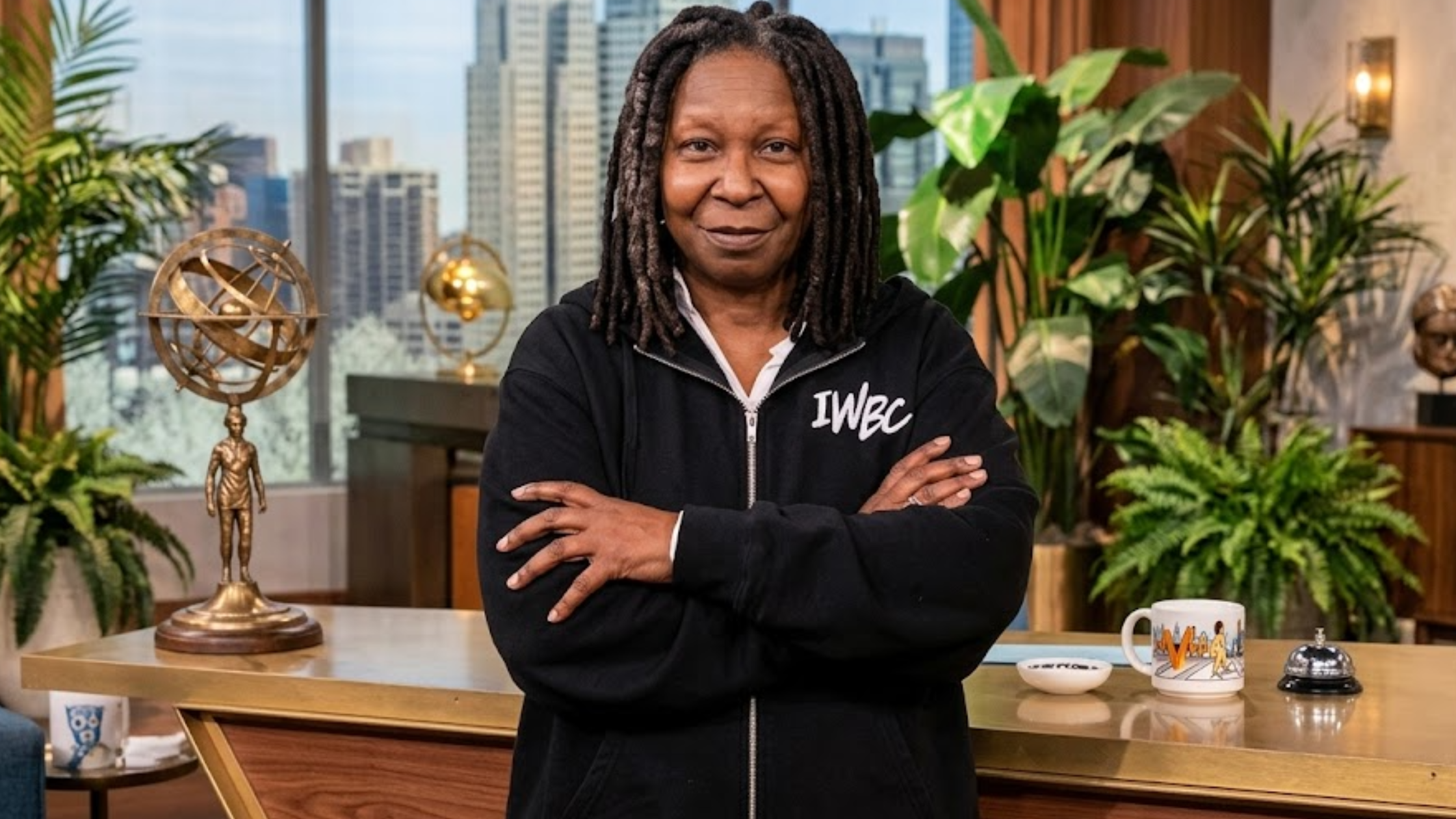 Whoopi Goldberg The View 2026 Black Hoodie with IWBC Chest Graphic and Quote Back Print