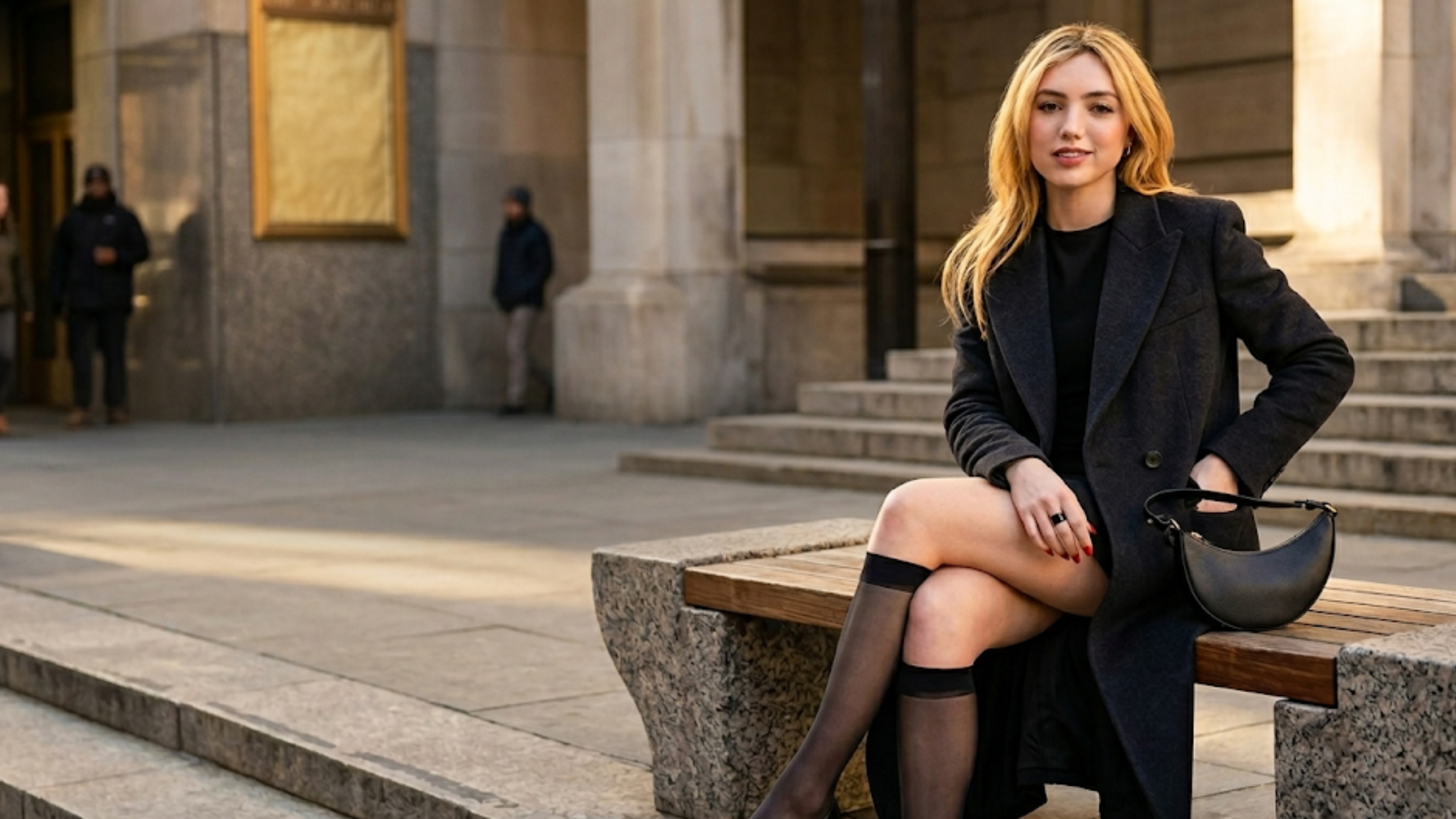 Peyton List NYC 2026 Black Maxi Trench Coat with Double-Breasted Front