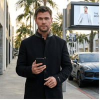 Chris Hemsworth inspired black wool car coat with slim tailored fit and stand-up collar