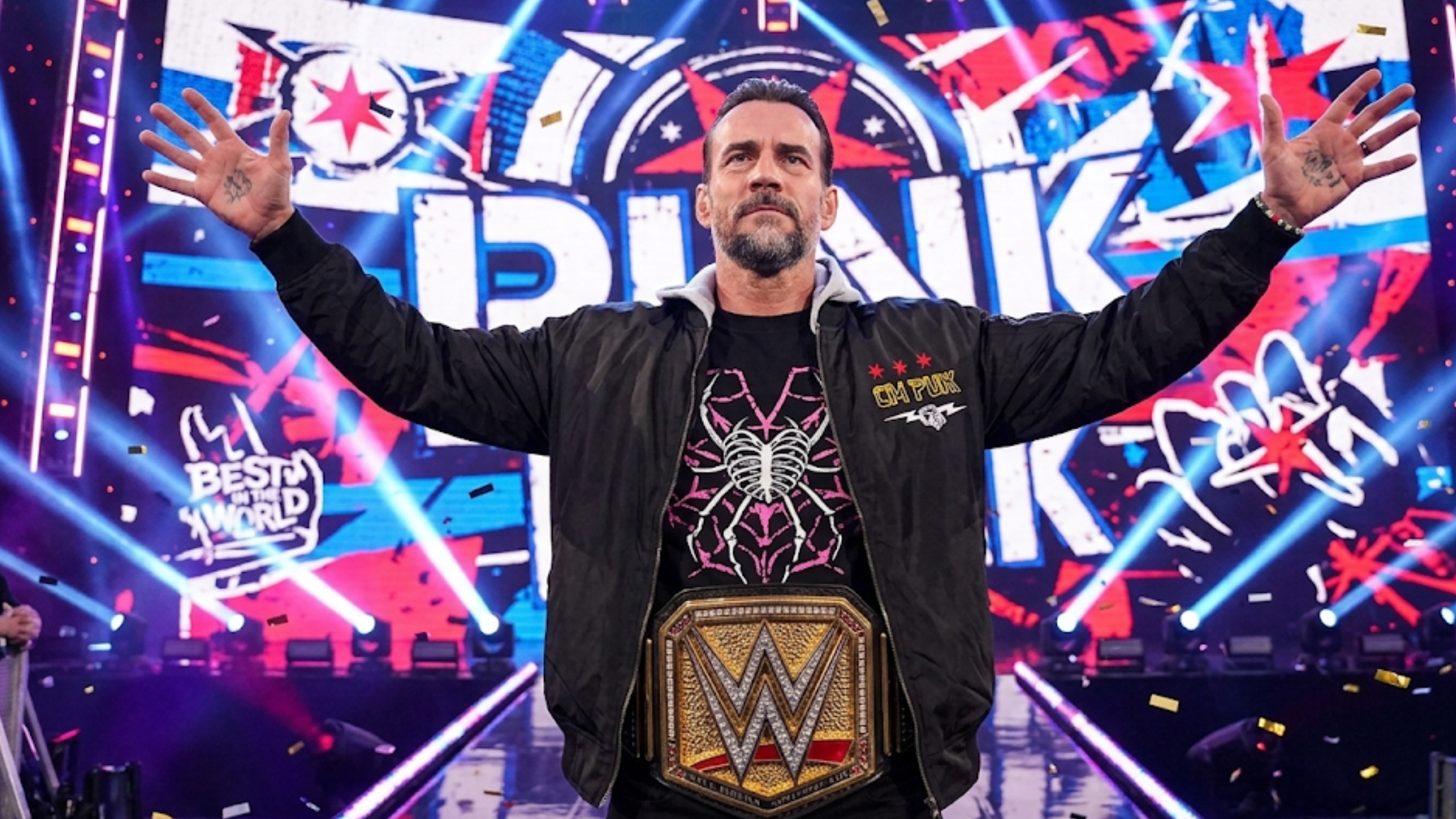 CM Punk Monday Night RAW Black Bomber Jacket with Heather Grey Hood, Front Red Stars, Yellow Name Print, and Back Lightning Bolt