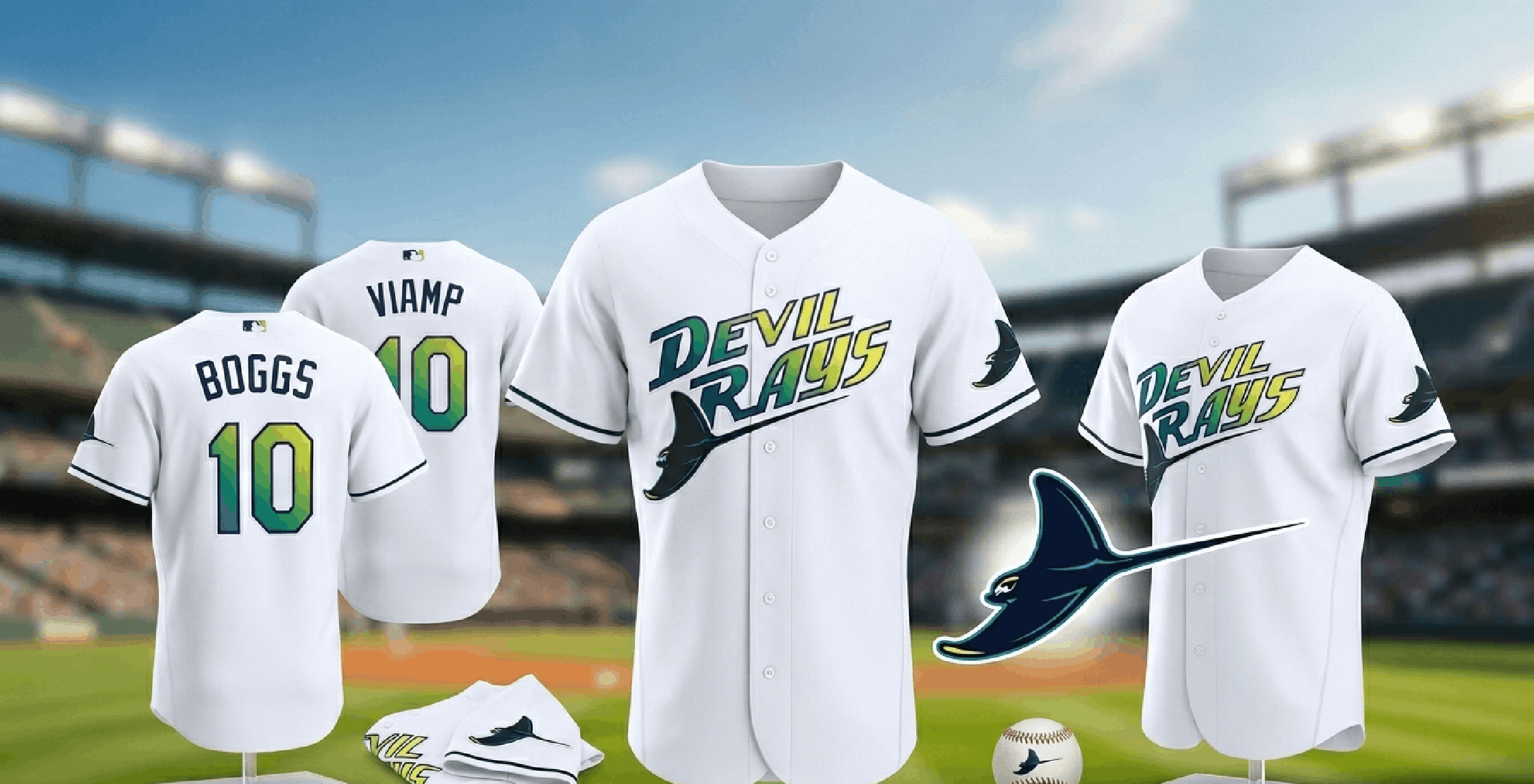 Tampa Bay Rays White Alternate 2 Baseball Jersey with Gradient Devil Rays Wordmark and Yellow Manta Ray Logo