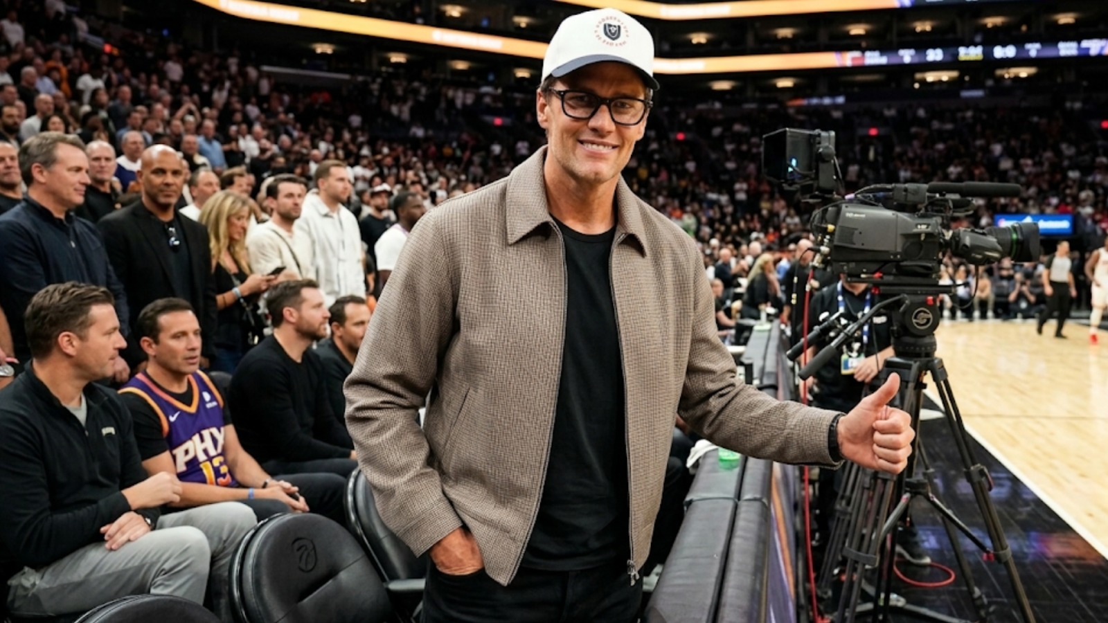 Tom Brady Boston Celtics vs Miami Heat 2026 grey wool Harrington jacket with micro-check pattern and classic collar