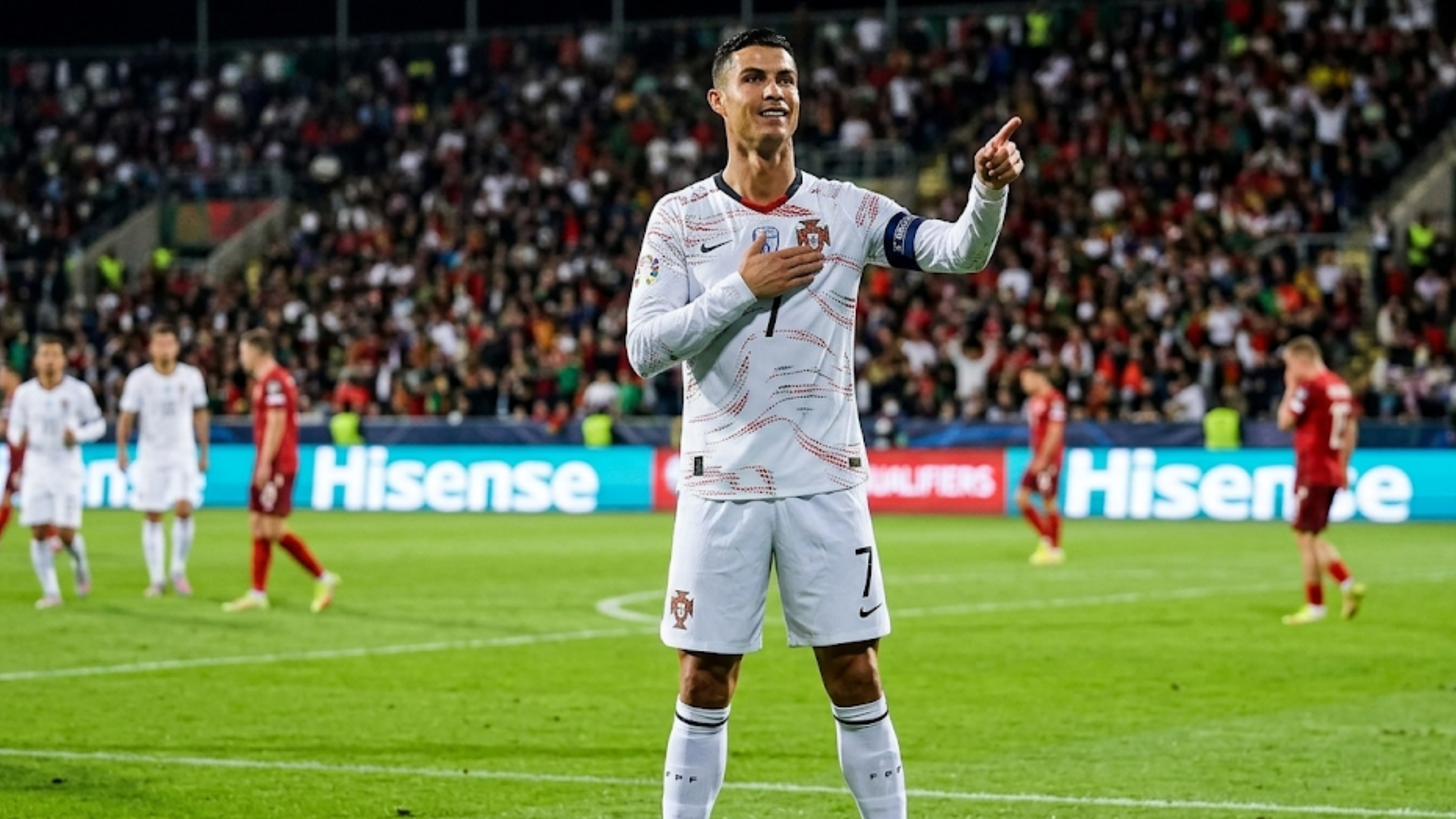 Cristiano Ronaldo FIFA World Cup 2026 Portugal white jersey with RONALDO 7 custom name and mosaic cultural design