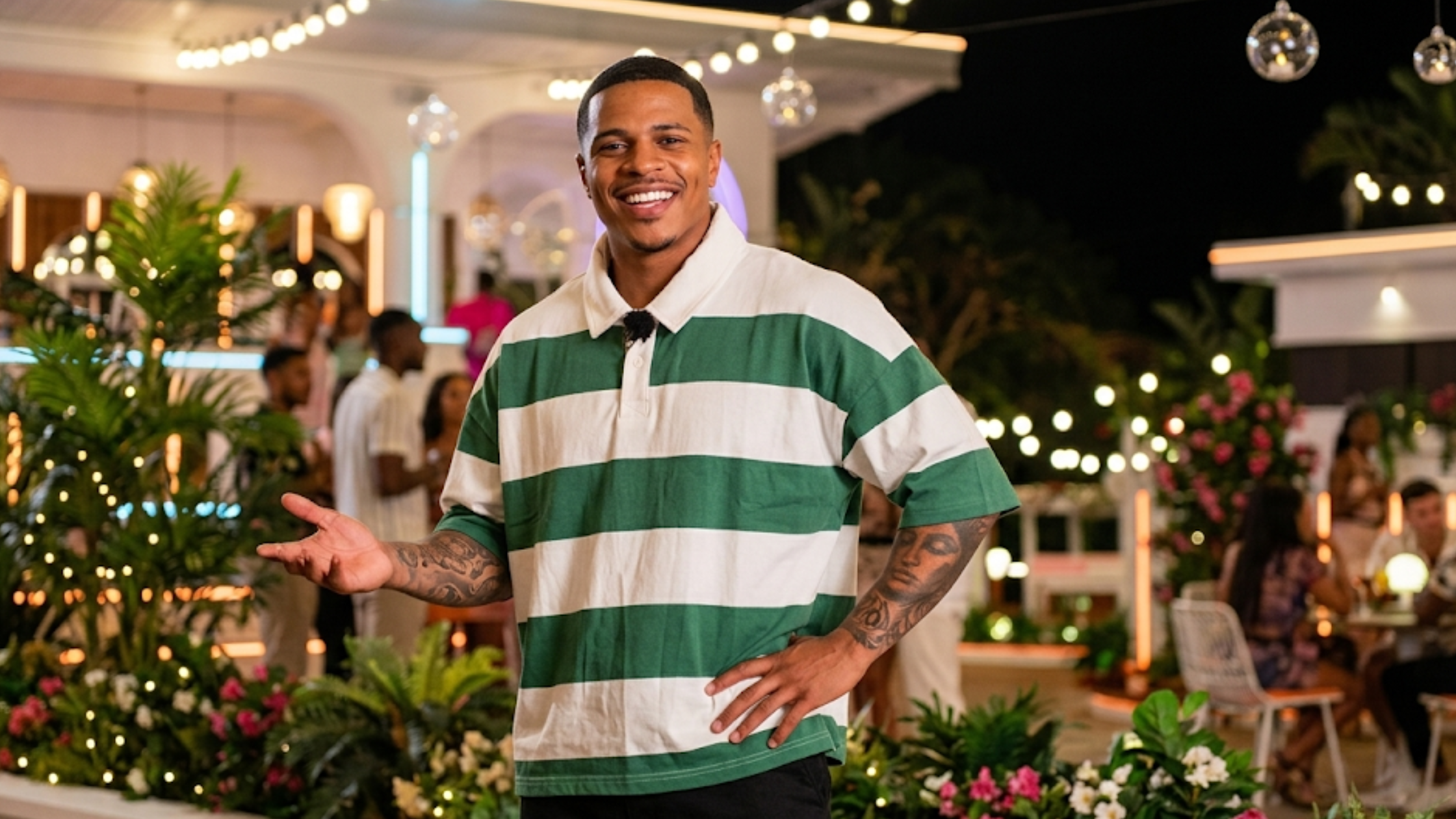 Love Island USA S07 Ace green striped polo shirt multi-green horizontal stripes with off-white collar casual summer streetwear