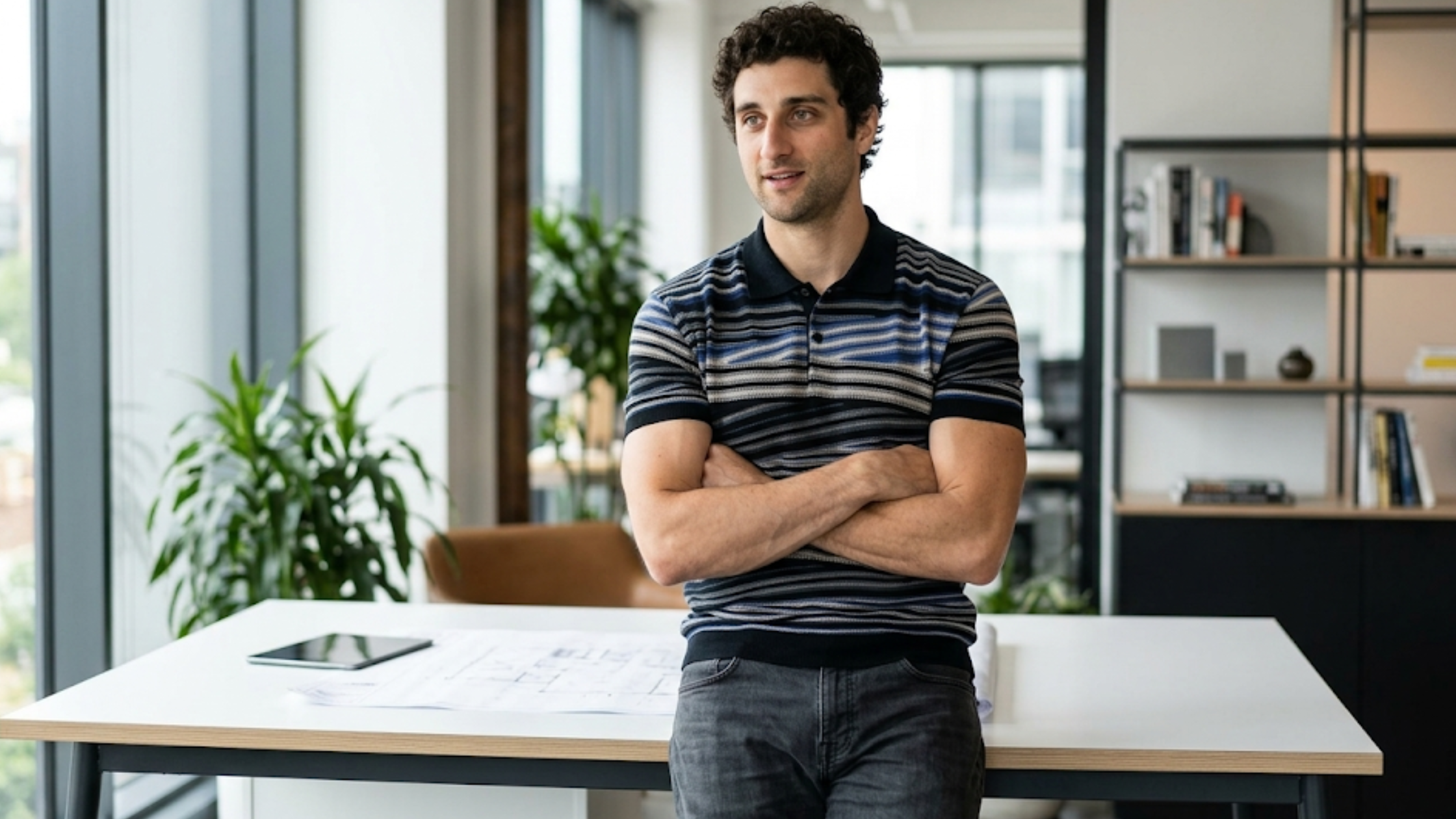 Press Junket 2025 Olympo Agustín Della Corte zigzag striped short sleeve polo shirt in navy, grey, white, and blue tones