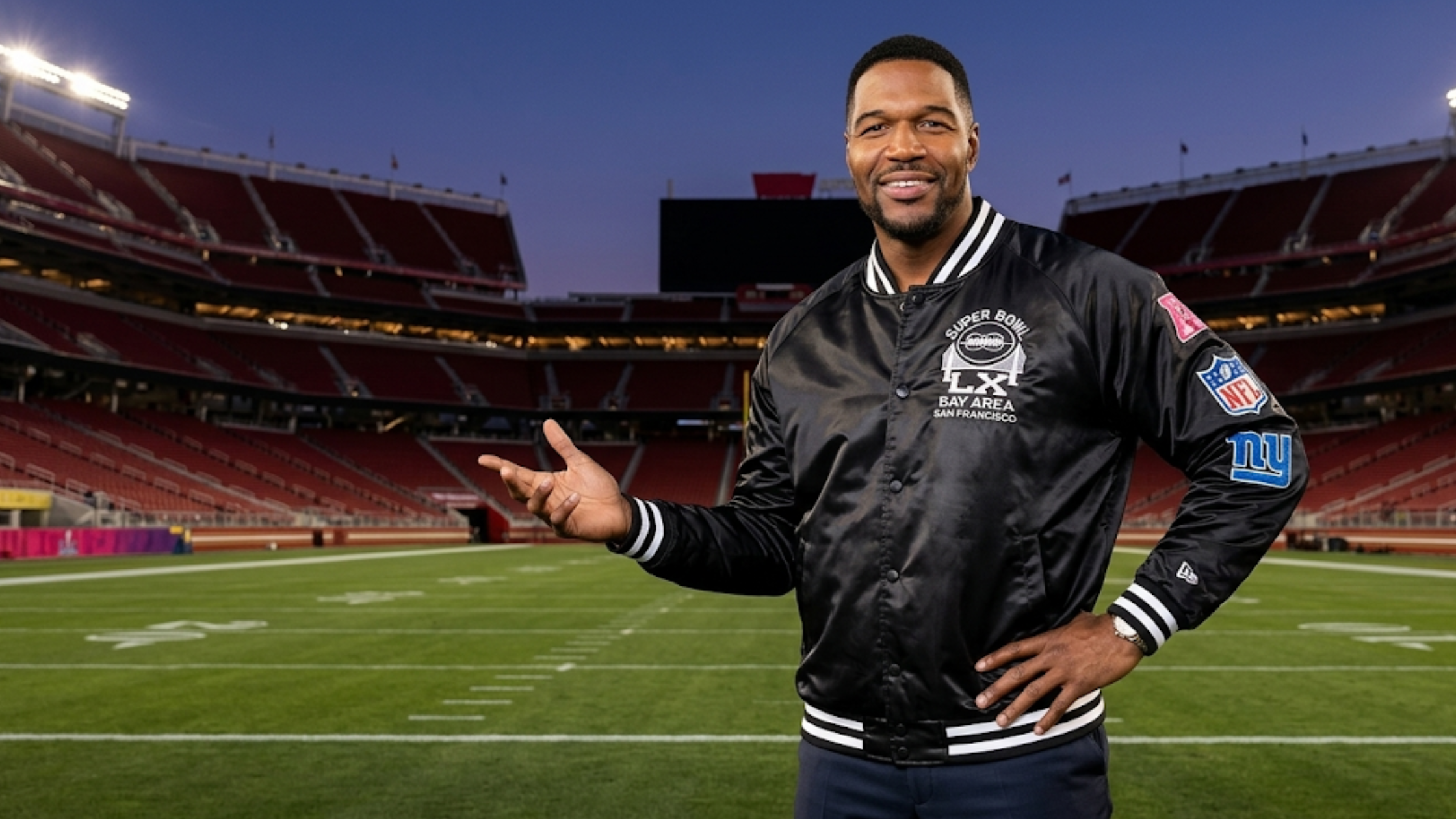 Good Morning America Michael Strahan black varsity jacket with satin bomber finish, Super Bowl LX embroidery, and Bay Area skyline back graphic
