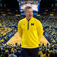Dusty May Michigan Wolverines 2026 NCAA Tournament sweatshirt in maize yellow half-zip with navy “M” logo and Jumpman branding on chest