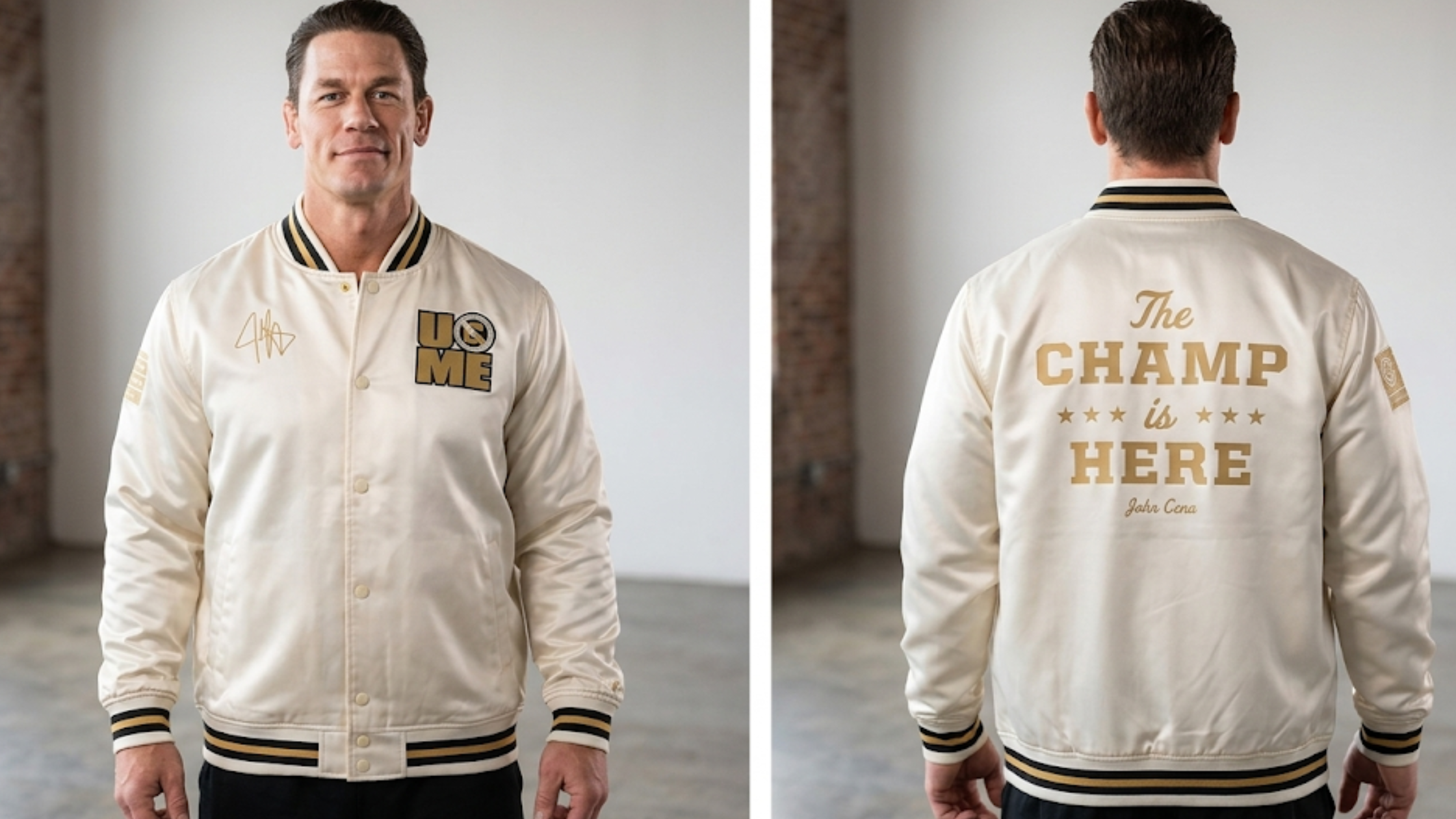 WWE John Cena cream satin bomber jacket with sublimated design, gold UCME logo, and “The Champ Is Here” back graphic