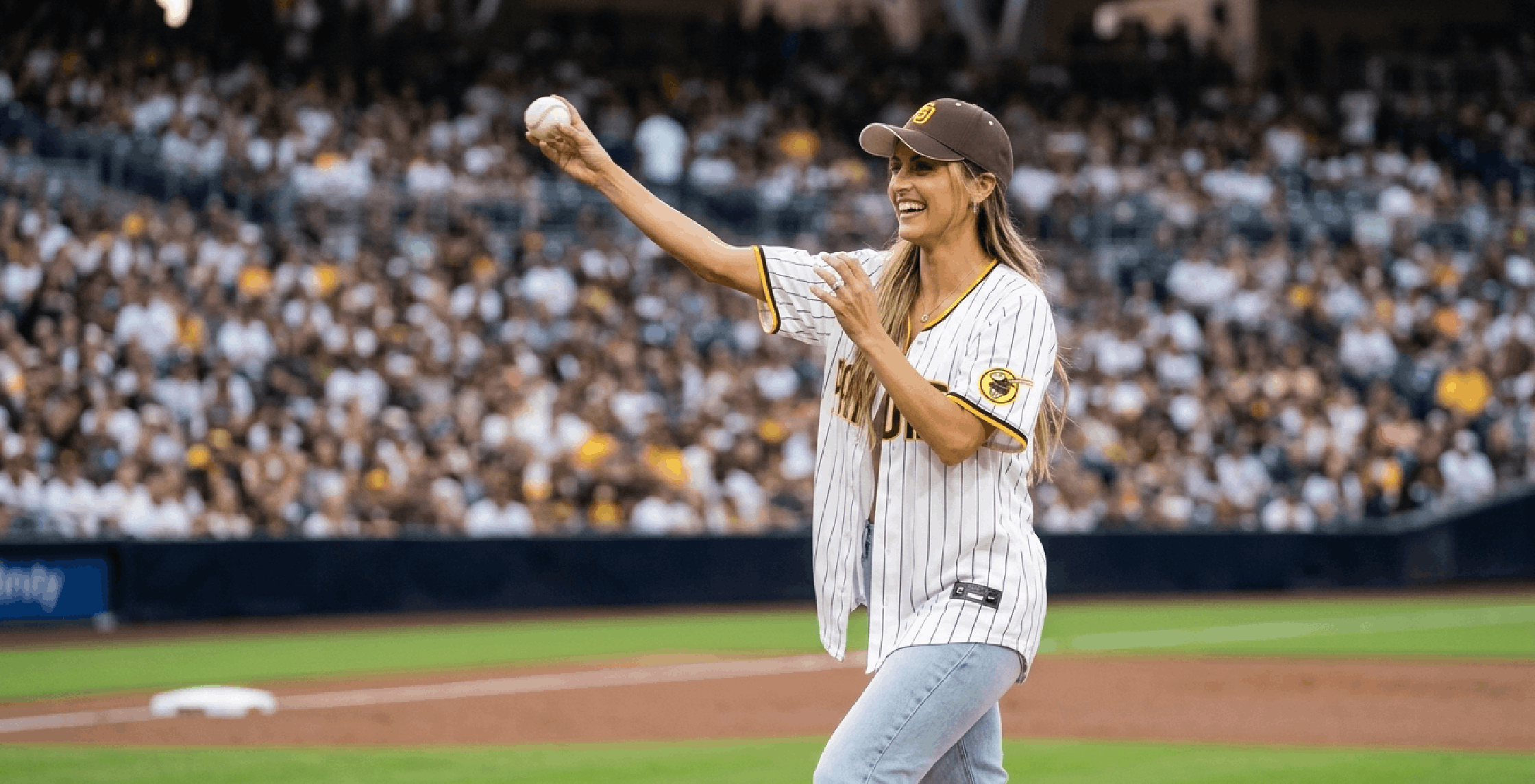 Kendall Long inspired Padres vs Giants white pinstripe jersey with gold and brown accents MLB streetwear fan apparel