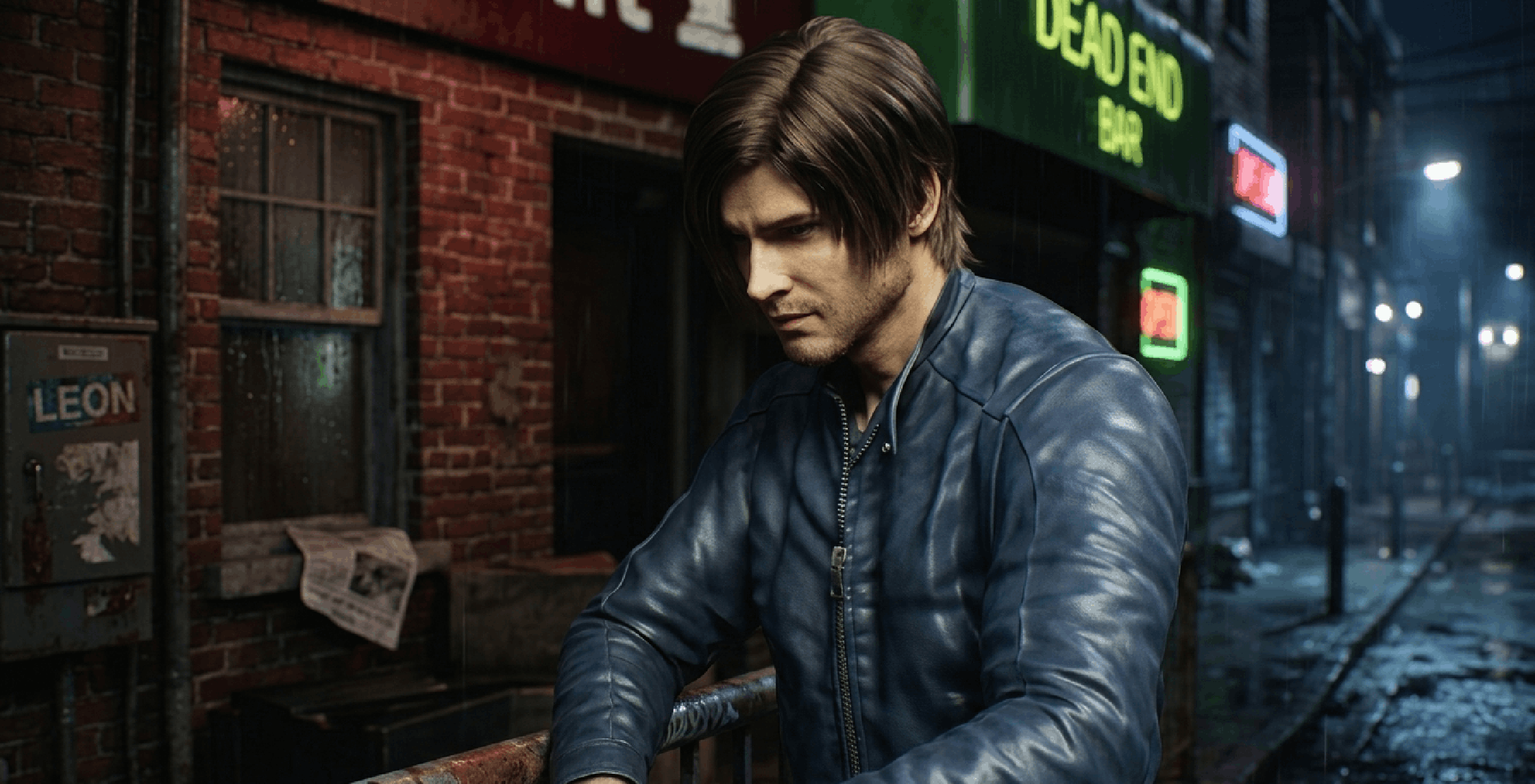 Leon Scott Kennedy Resident Evil Death Island midnight blue tactical café racer leather jacket with erect collar and slim fit design