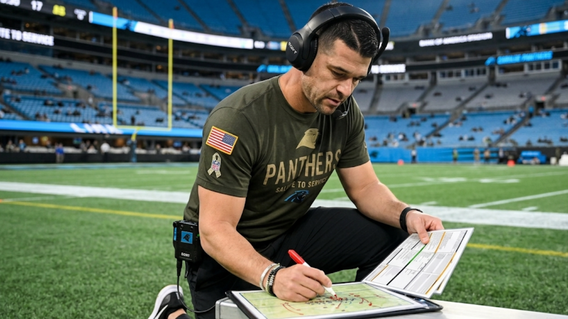 Dave Canales Carolina Panthers Salute To Service olive green crew neck t-shirt with gold military-inspired graphic and American flag sleeve patch