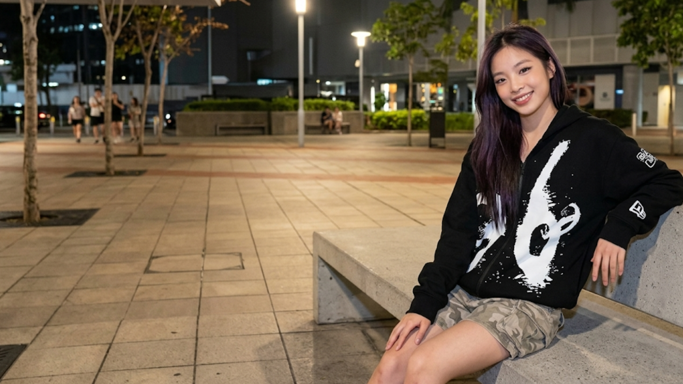 Jennie Kim X ComplexCon Hong Kong black zip-up hoodie with graffiti 96 print, turquoise marbled pattern, and back portrait graphic