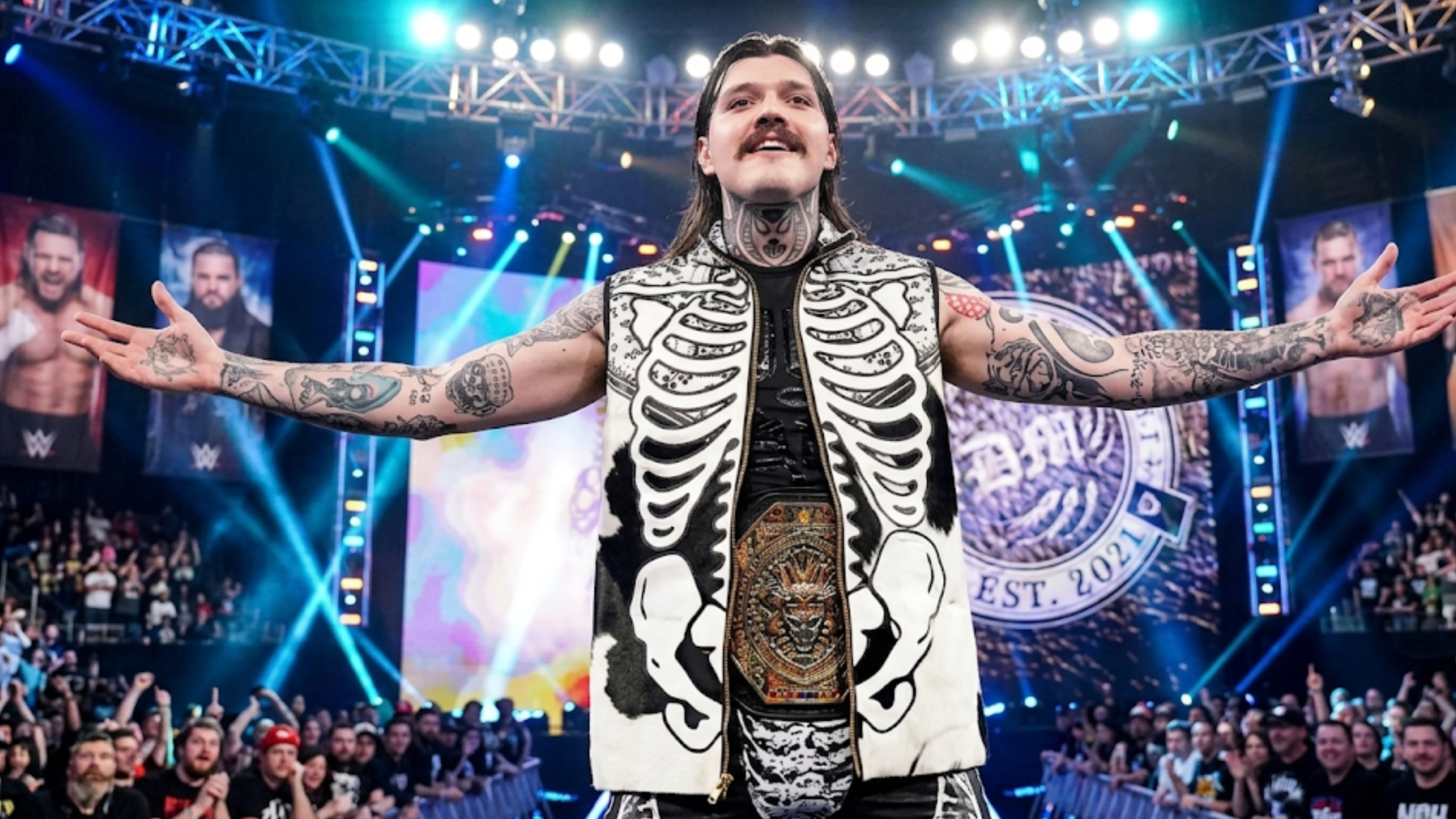 Dominik Mysterio Monday Night RAW 2026 black and white skeleton zippered vest with faux fur cow print and paisley streetwear design