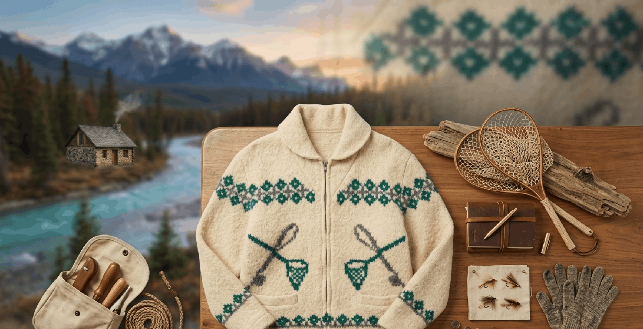 Wendy Crawford fish graphic Cowichan-inspired zip-up sweater with cream base, green and charcoal patterns, red stripe, and shawl collar in Tracker Season 2 Episode 20