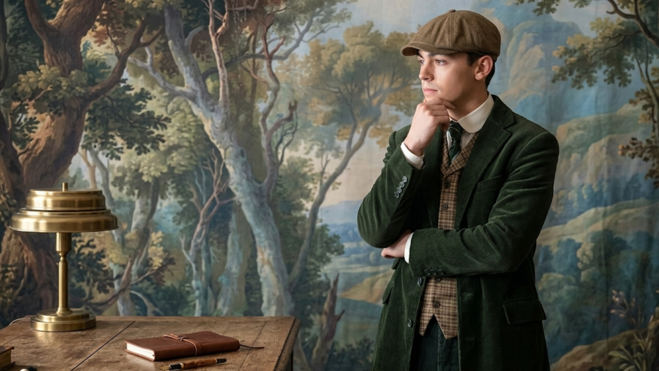 Young Sherlock Hero Fiennes Tiffin forest green corduroy blazer with notch lapels and flap pockets