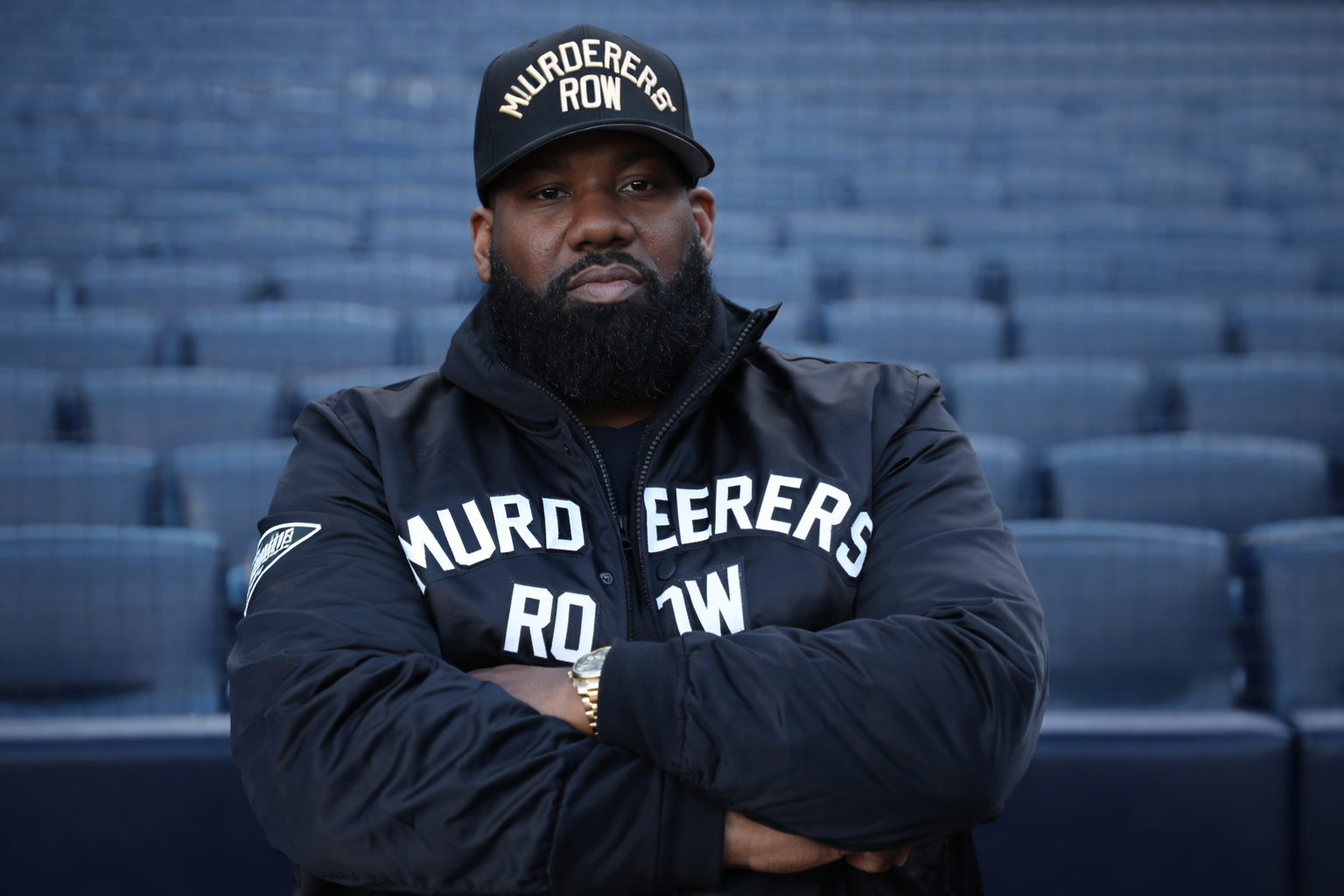 Raekwon Athletics vs New York Yankees black satin bomber jacket with Murderers Row embroidered chest patch