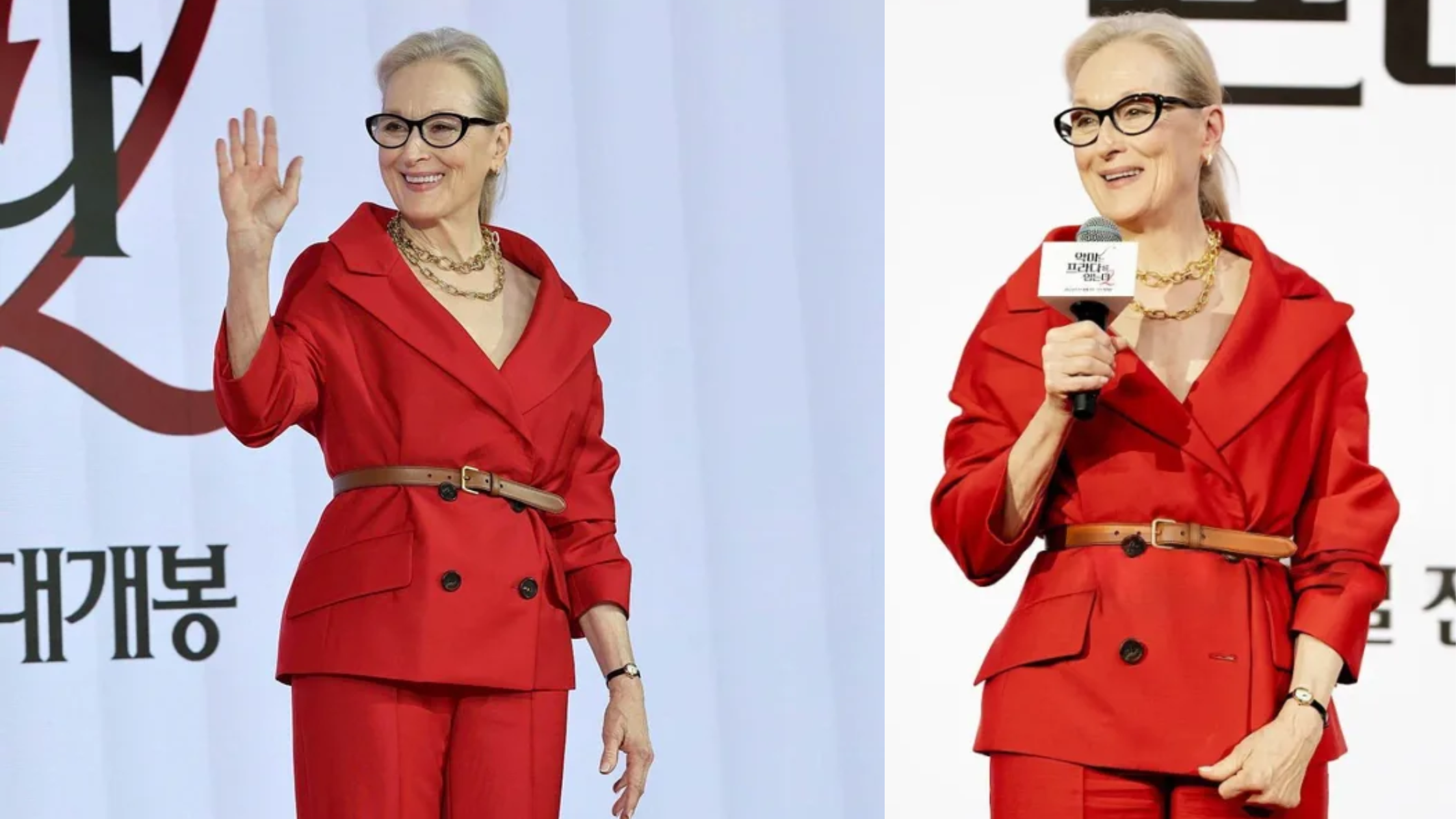 Meryl Streep The Devil Wears Prada 2 press conference red blazer with double-breasted front, wide lapels, and belted waist design