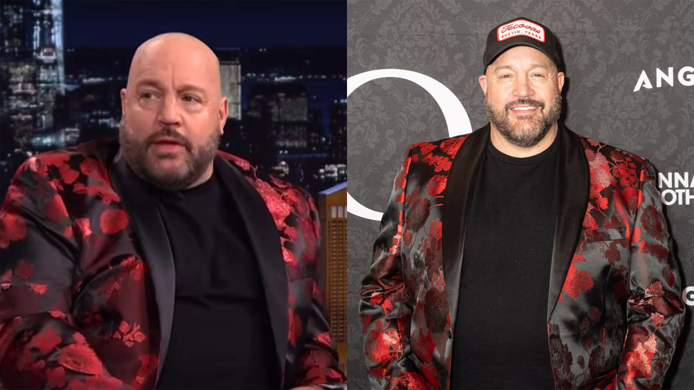 The Tonight Show Starring Jimmy Fallon Kevin James floral jacquard blazer with shawl lapel and red rose pattern design