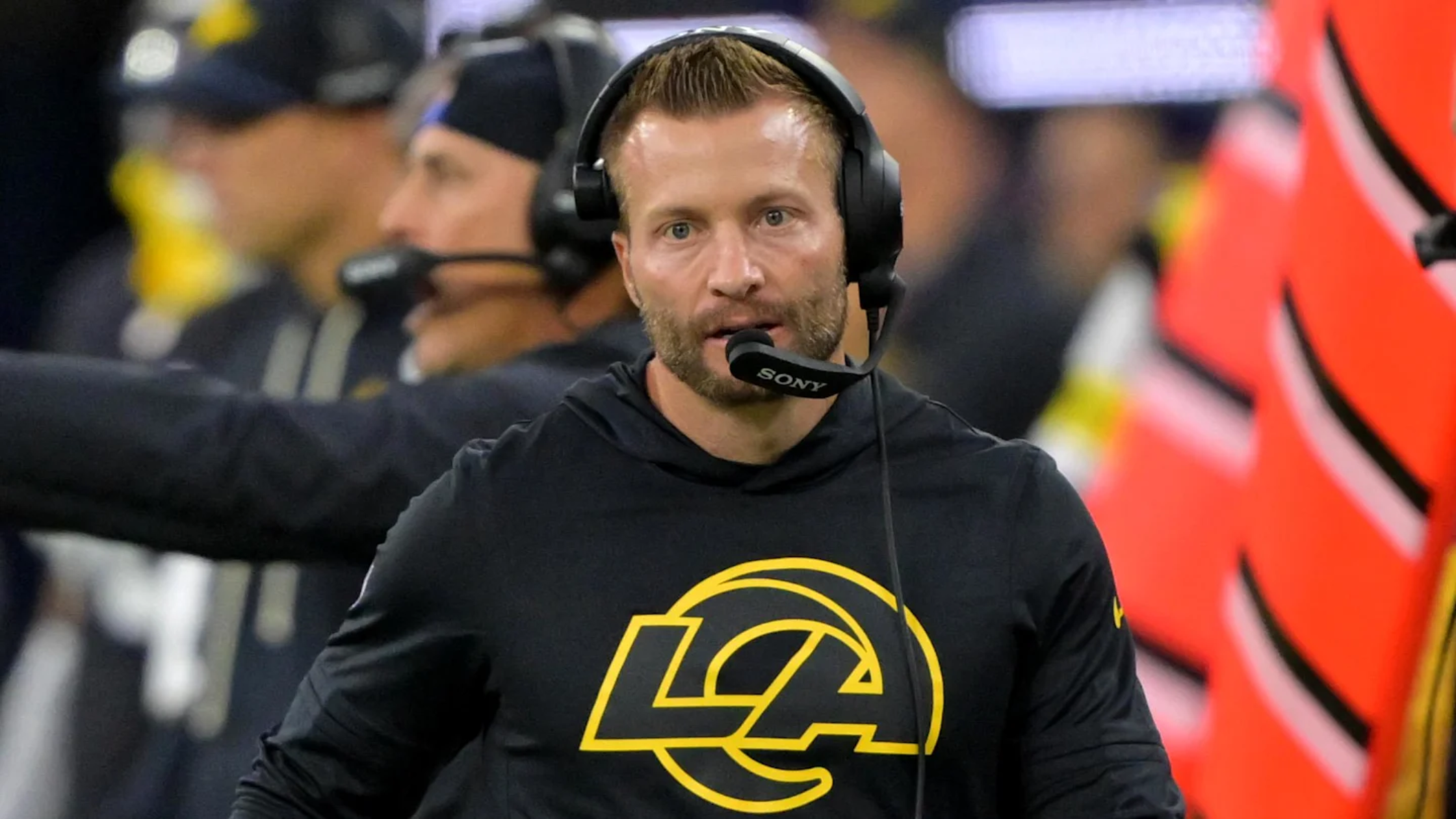 Sean McVay Rams Rivalries sideline hoodie T-shirt with LA Rams logo and Dri-FIT athletic design
