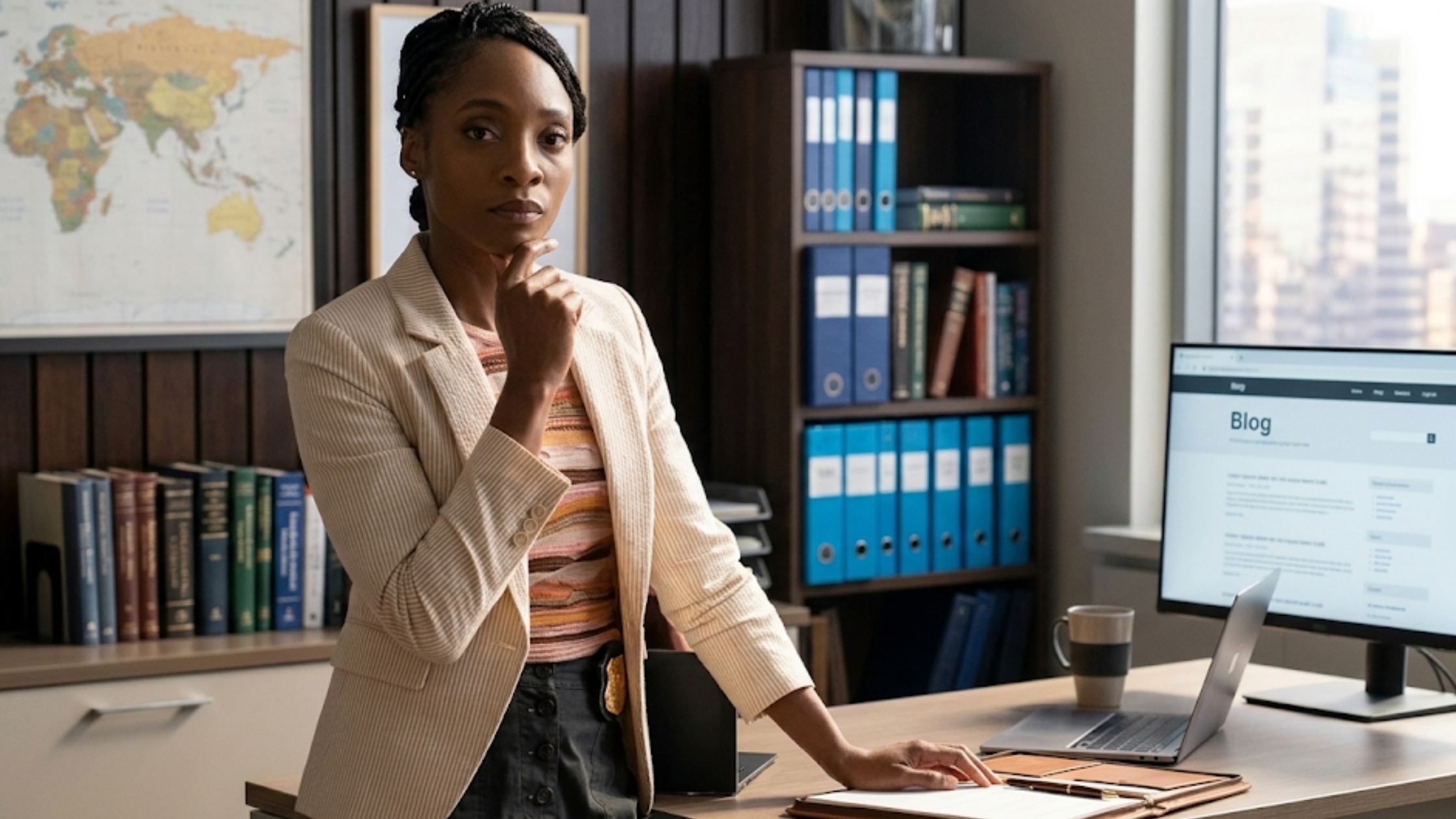 Faith Mitchell Will Trent S03 white textured pinstripe tailored blazer with single-button closure and flap pockets