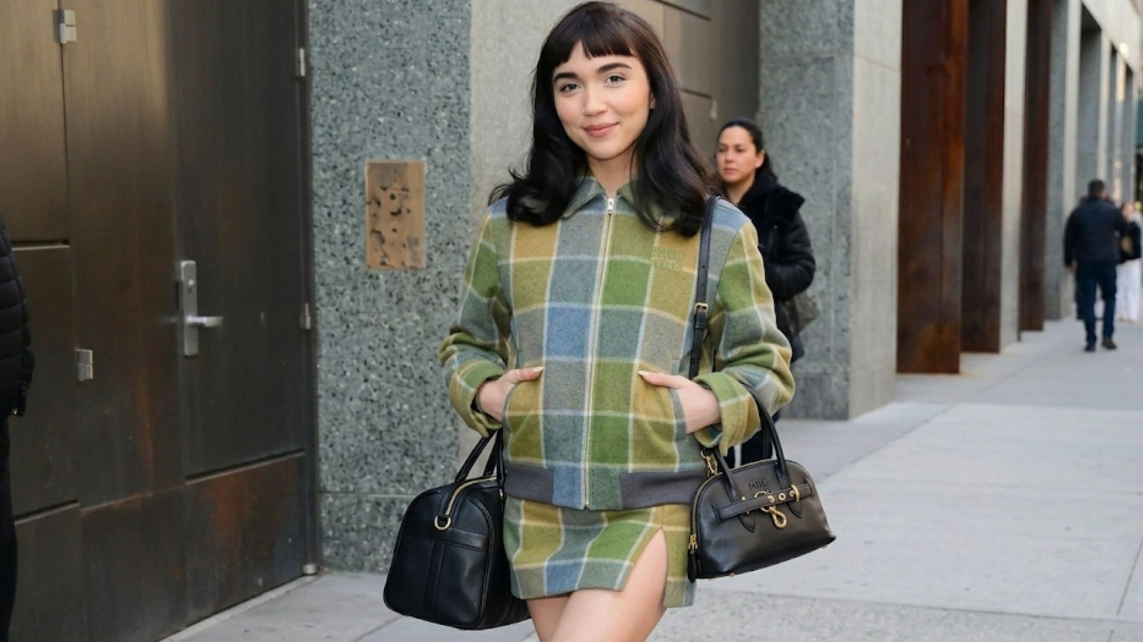Rowan Blanchard New York City sage green windowpane plaid wool blouson jacket with ribbed hem and tailored finish