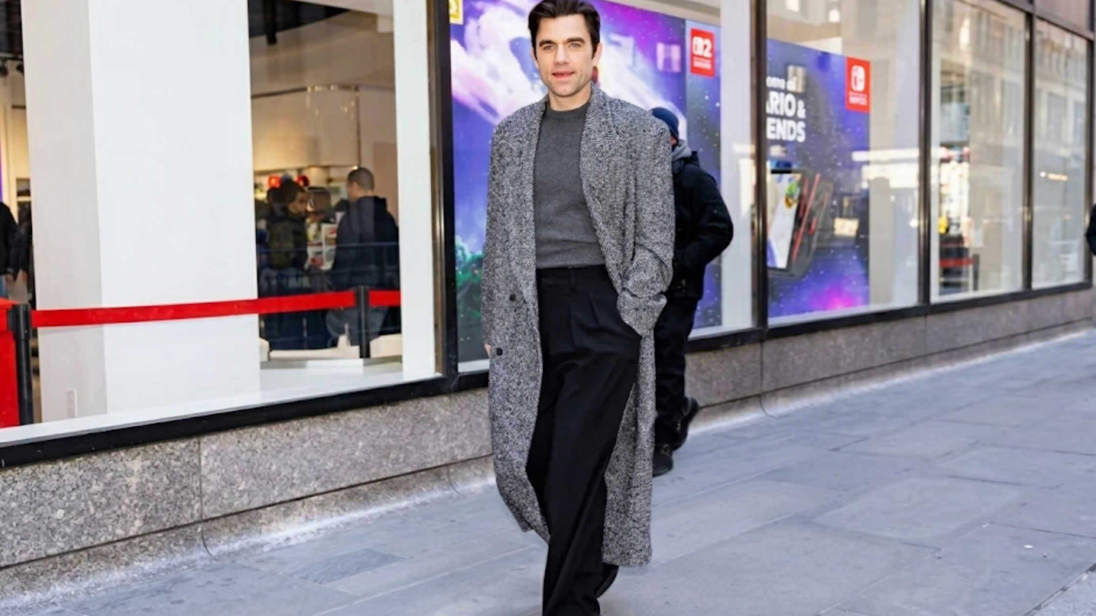 Patrick Bell The Today Show 2026 salt-and-pepper grey herringbone wool maxi coat with double-breasted closure and peak lapels