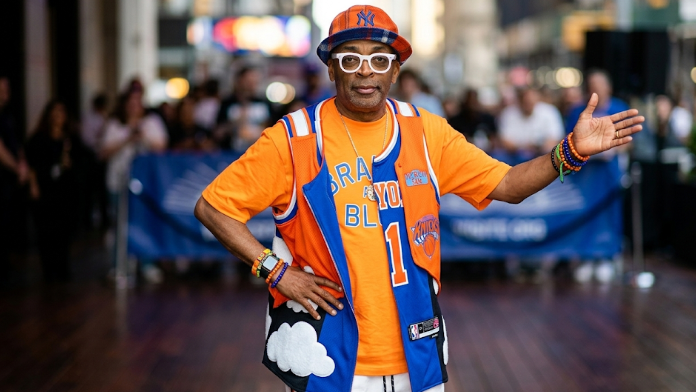 Spike Lee MSG New York orange and blue colorblock puffer vest with Knicks-inspired streetwear design