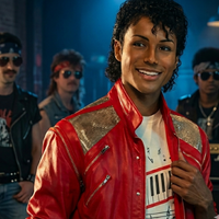 Michael 2026 Jaafar Jackson red leather jacket with metallic silver shoulders and biker style design