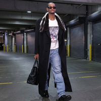 Shai Gilgeous-Alexander oversized black floor-length coat with luxe fur shawl collar, inspired by Thunder vs Lakers tunnel walk style