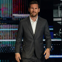 Lionel Messi America Business Forum charcoal grey pinstripe blazer with notch lapels, slim-fit formal elegance in Miami appearance.