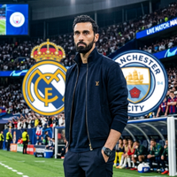 Alvaro Arbeloa UEFA Champions League 2025/26 navy track jacket with gold LV monogram and metallic zipper, modern football luxury style