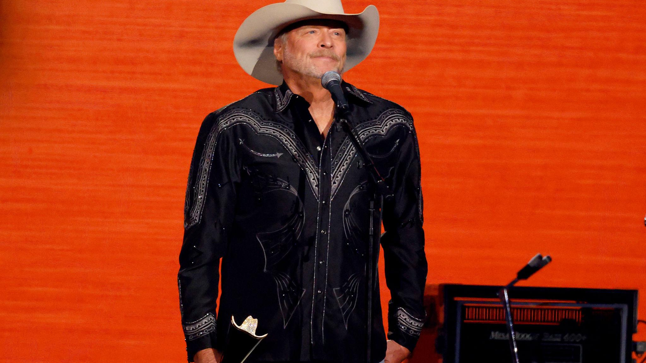 Alan Jackson 60th ACM Awards charcoal-black Western shirt with silver star embroidery, musical filigree detailing, and Western yoke design