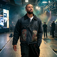 Damian Lillard Game Two 2026 Navy Acid Wash Work Jacket with corduroy collar, floral tapestry pockets, and studded NBA streetwear design