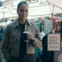 DS June Lenker Criminal Record S01 beige cotton drill jacket worn by Cush Jumbo in the series, featuring minimalist investigative style with snap button closure and dual chest pockets