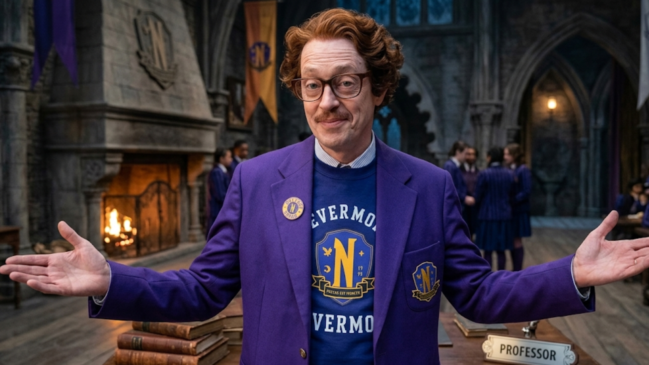 Wednesday S02 Barry Dort vibrant purple uniform blazer with Nevermore Academy crest and circular patch design